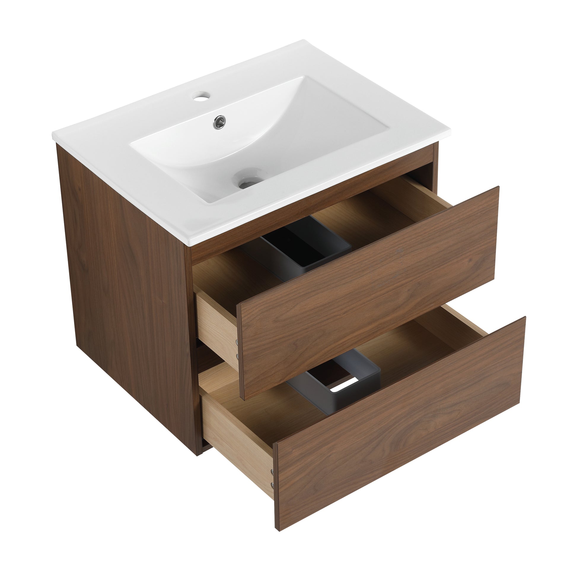 24" Wall Mounted Bathroom Vanity With Ceramic Sink, 2 Soft Close Drawers, Kd Package 2 Brown Oak Bathroom Wall Mounted Modern Plywood