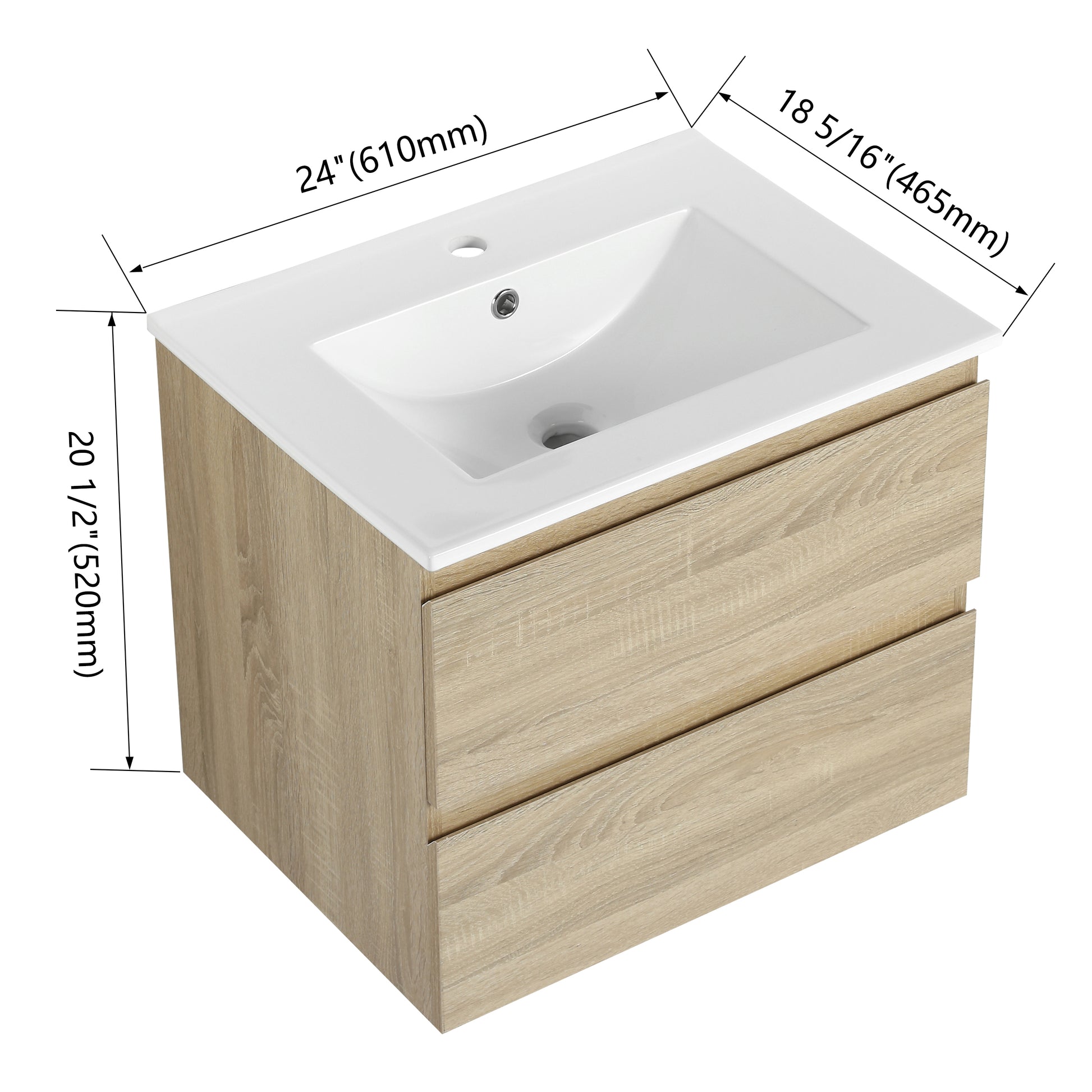 24" Wall Mounted Bathroom Vanity With Ceramic Sink, 2 Soft Close Drawers, Kd Package 2 Light Oak Bathroom Wall Mounted Modern Plywood