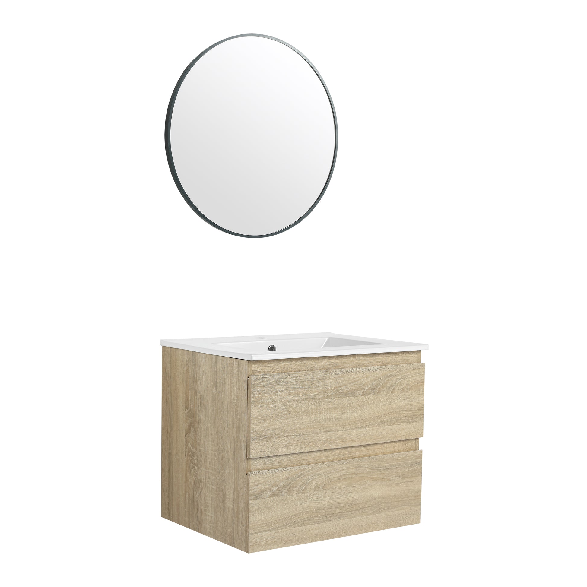 24" Wall Mounted Bathroom Vanity With Ceramic Sink, 2 Soft Close Drawers, Kd Package 2 Light Oak Bathroom Wall Mounted Modern Plywood