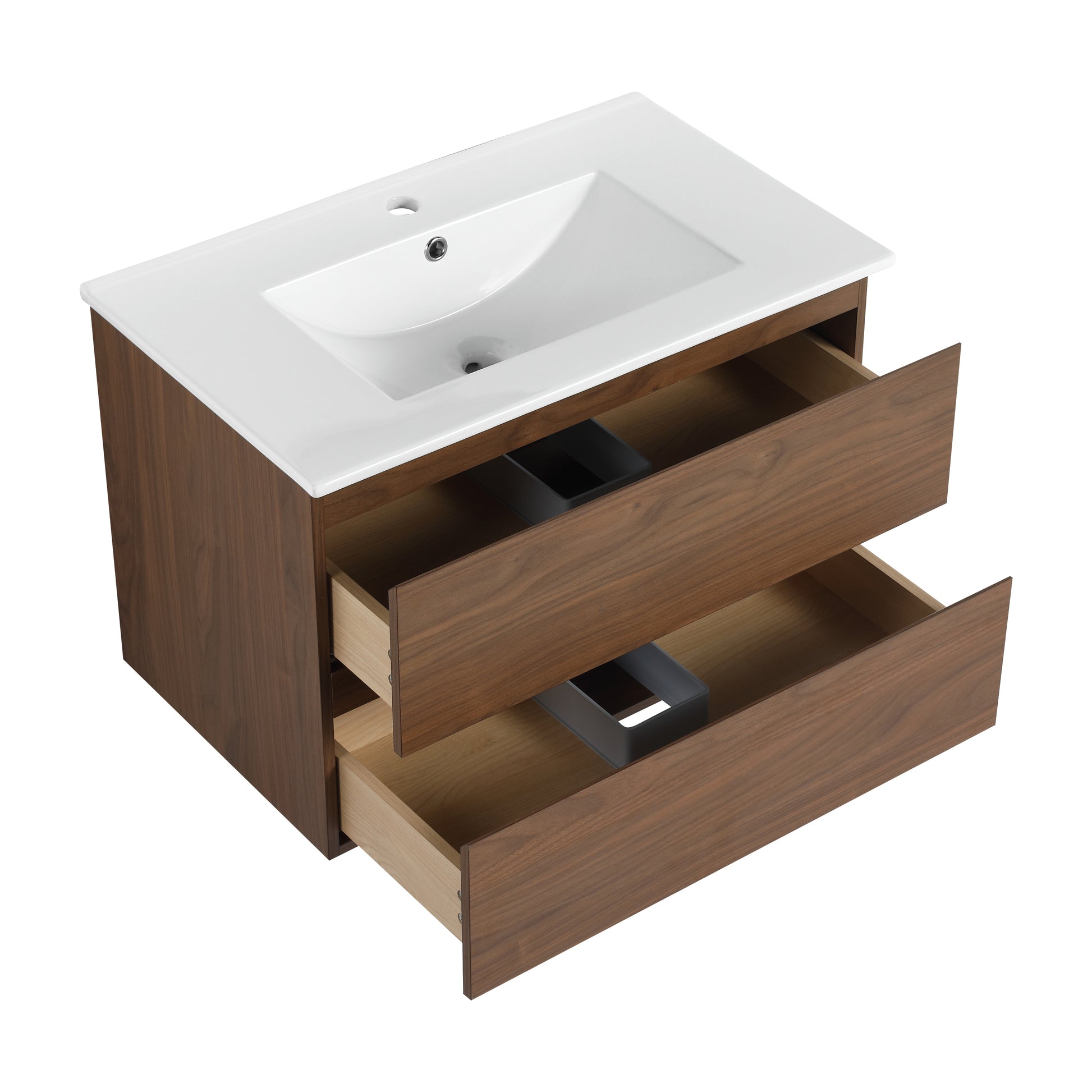 30" Wall Mounted Bathroom Vanity With Ceramic Sink, 2 Soft Close Drawers, Kd Package 2 Brown Oak Bathroom Wall Mounted Modern Plywood