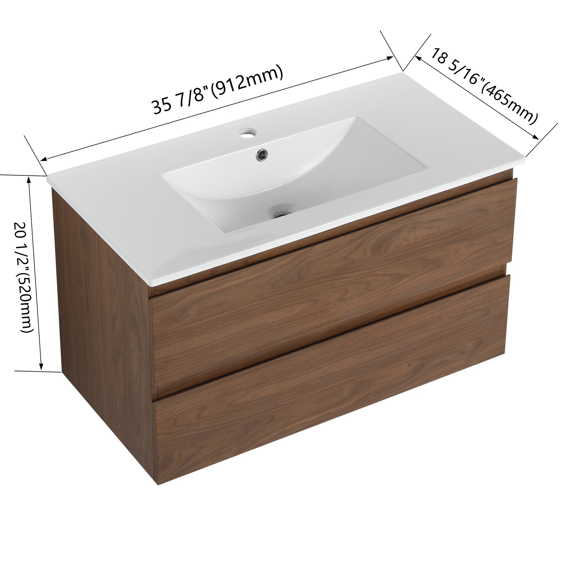 36" Wall Mounted Bathroom Vanity With Ceramic Sink, 2 Soft Close Drawers, Kd Package 2 Brown Oak Bathroom Wall Mounted Modern Plywood