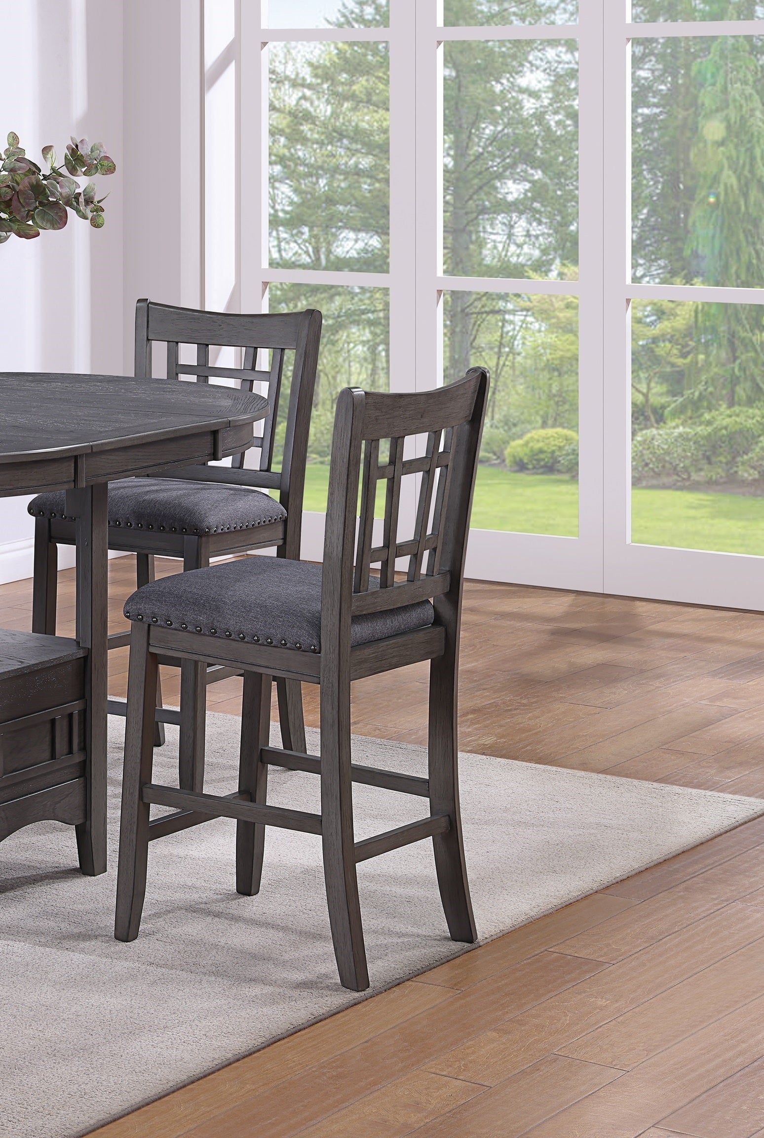 Contemporary Dining Room Counter Height 5Pc Dining Set Round Table W Leaf And 4X Side Chairs Gray Finish Solid Wood Light Brown Wood Dining Room Solid Wood Rubberwood Round Dining Table With Chair Wood Wood Gray Seats 4 42 Inches Drop Leaf