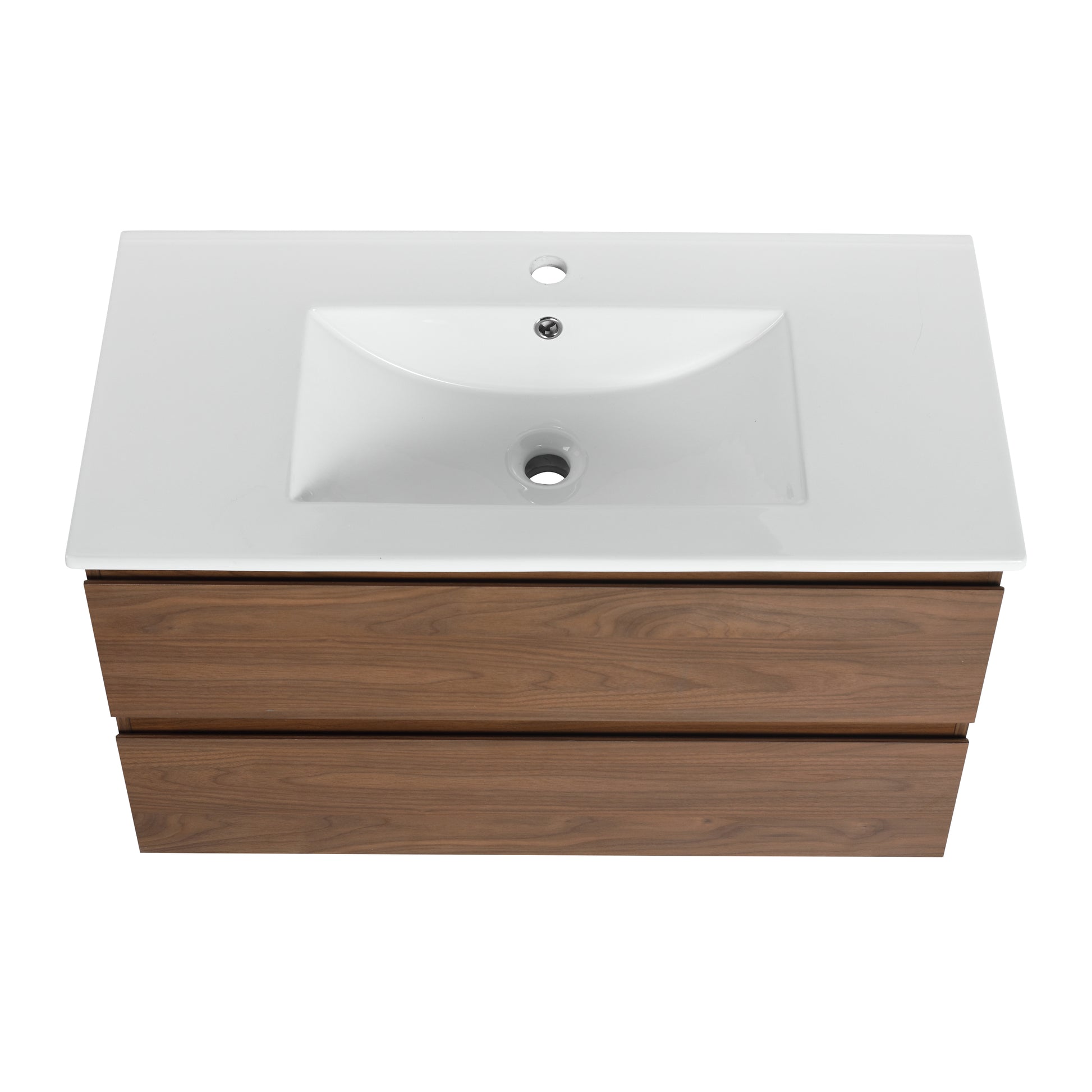 36" Wall Mounted Bathroom Vanity With Ceramic Sink, 2 Soft Close Drawers, Kd Package 2 Brown Oak Bathroom Wall Mounted Modern Plywood