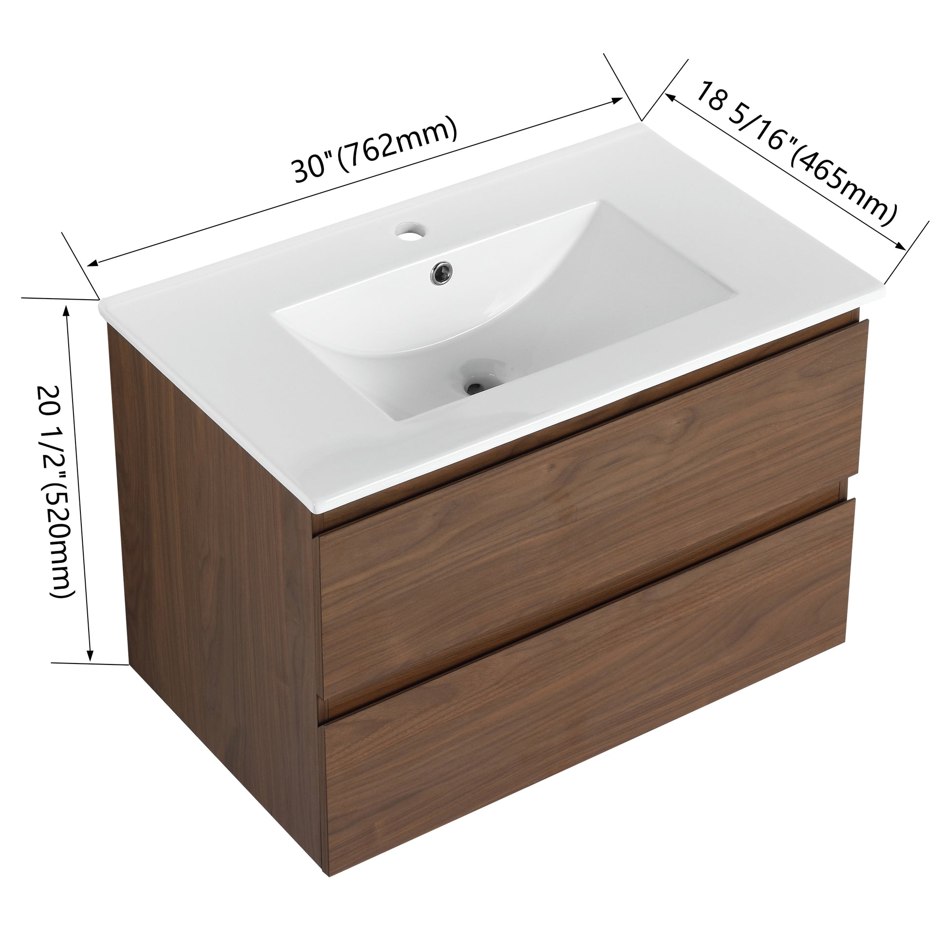 30" Wall Mounted Bathroom Vanity With Ceramic Sink, 2 Soft Close Drawers, Kd Package 2 Brown Oak Bathroom Wall Mounted Modern Plywood