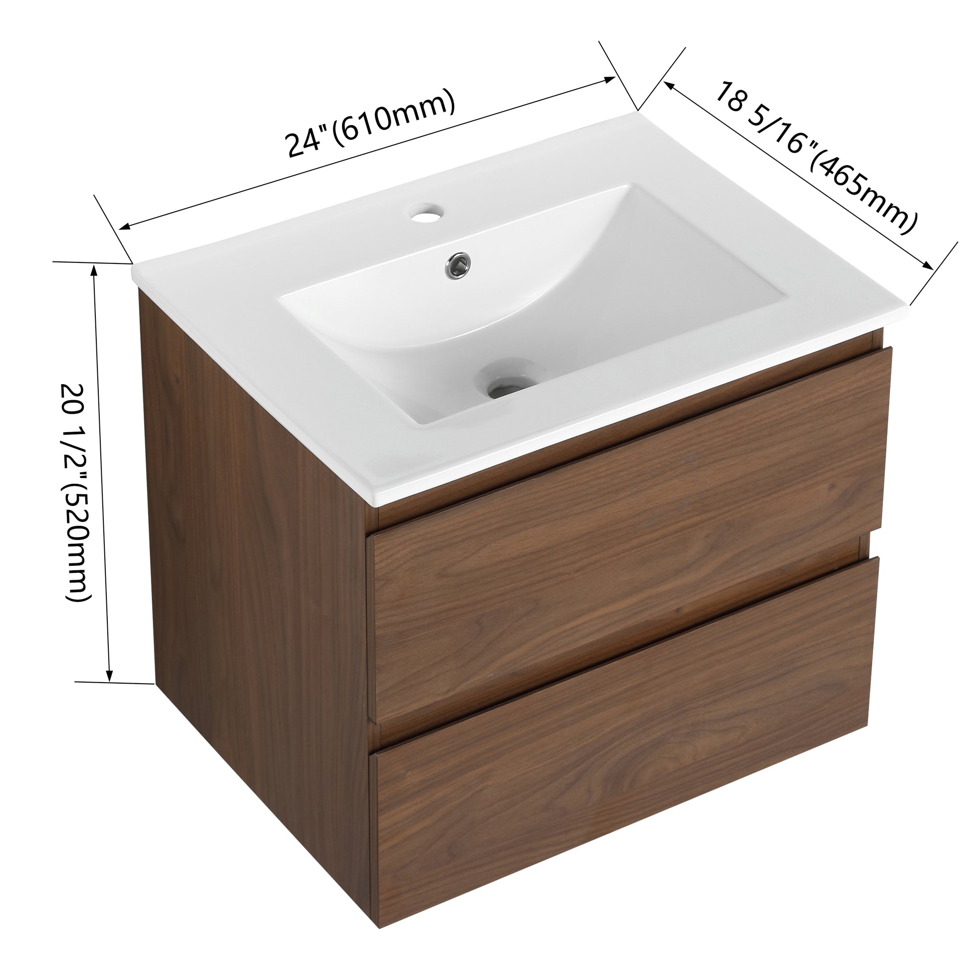 24" Wall Mounted Bathroom Vanity With Ceramic Sink, 2 Soft Close Drawers, Kd Package 2 Brown Oak Bathroom Wall Mounted Modern Plywood