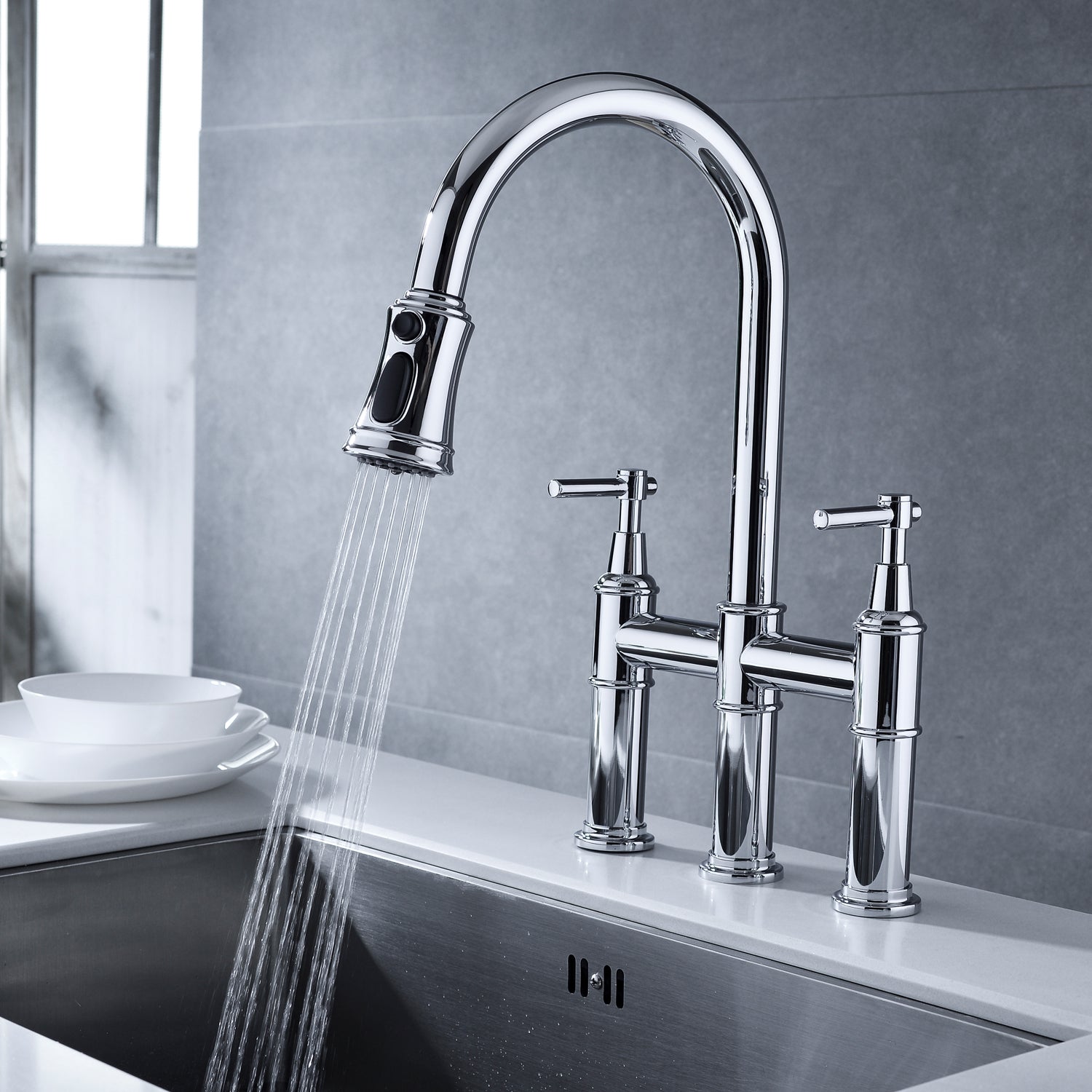 Bridge Kitchen Faucet With Pull Down Sprayhead In Spot Chrome Kitchen Brass