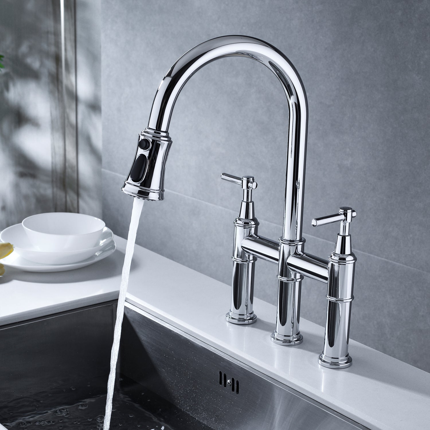 Bridge Kitchen Faucet With Pull Down Sprayhead In Spot Chrome Kitchen Brass