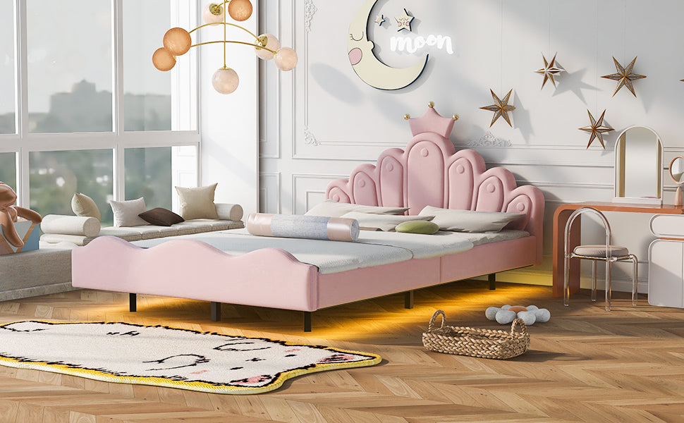 Full Size Crown Shaped Princess Bed, Soft Pu Leather Padding, Adjustable Led Ambient Light Strip, Pink Box Spring Not Required Full Pink Wood Bedroom Upholstered