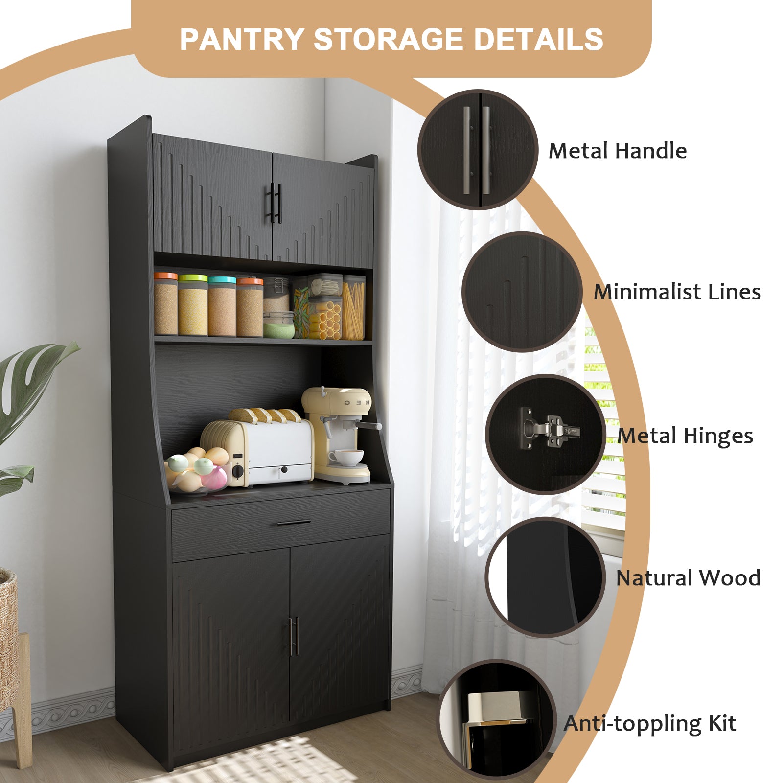 71" Kitchen Storage Cabinet With Charging Station,With 2 Outlets & 1Usb 1Type C Ports,Pantry With 2 Cabinet ,1 Large Storage Drawer& 1 Large Countertop Black Dining Room Mdf