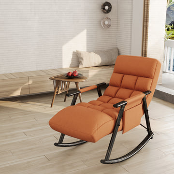 Casual Folding Rocking Chair Upholstered, Lounge Rocking Chair Adjustable High Back And Foot Rest,Side Pockets Placed In Living Room Bedroom Balcony Orange Velvet