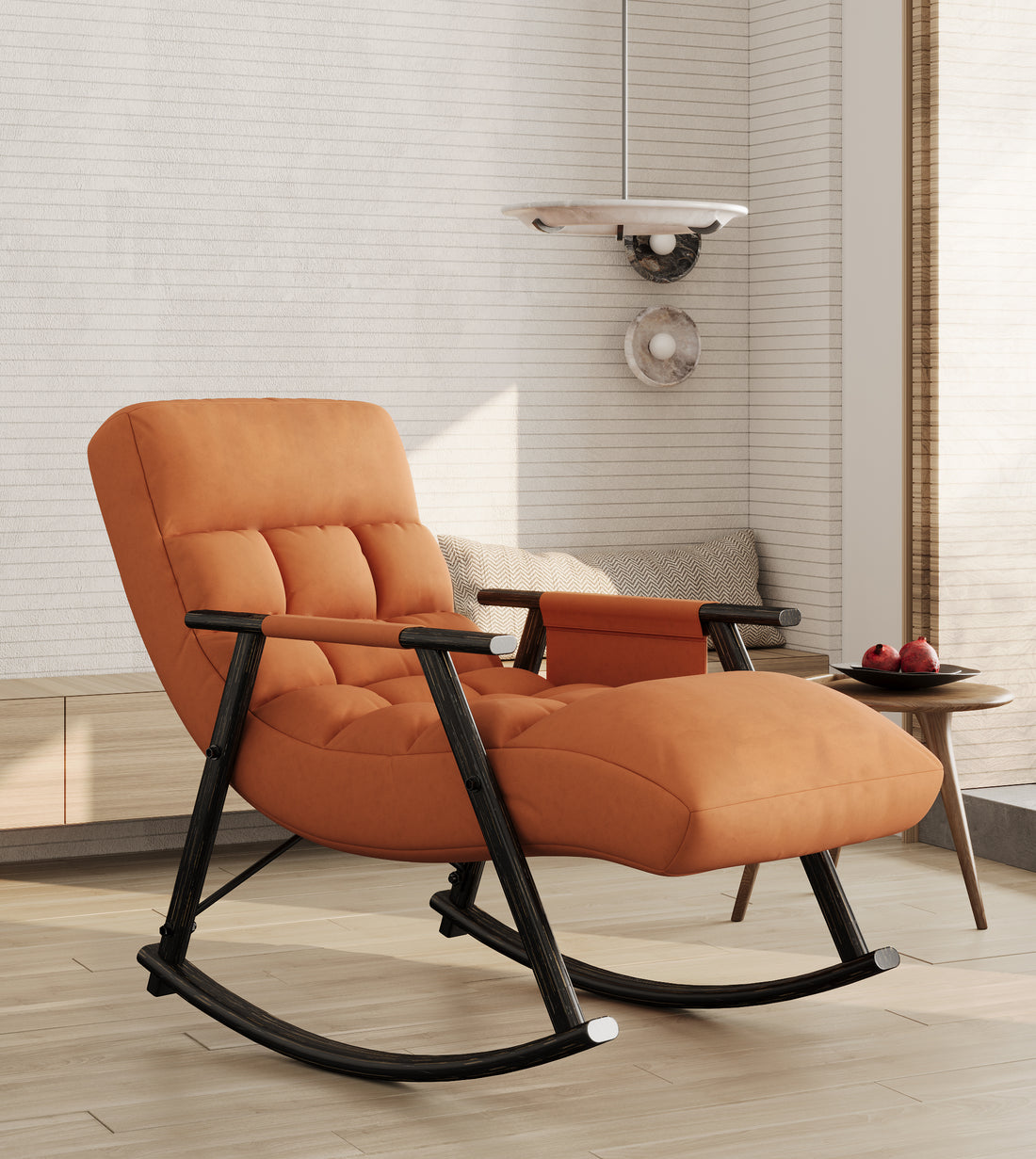 Casual Folding Rocking Chair Upholstered, Lounge Rocking Chair Adjustable High Back And Foot Rest,Side Pockets Placed In Living Room Bedroom Balcony Orange Velvet