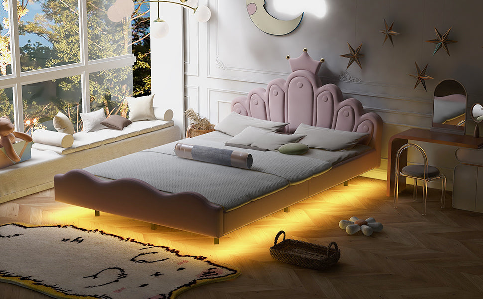 Full Size Crown Shaped Princess Bed, Soft Pu Leather Padding, Adjustable Led Ambient Light Strip, Pink Box Spring Not Required Full Pink Wood Bedroom Upholstered