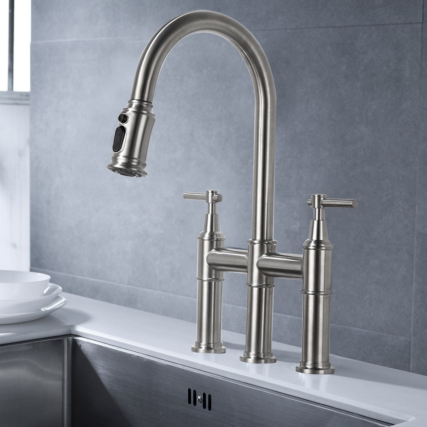 Bridge Kitchen Faucet With Pull Down Sprayhead In Spot Brushed Nickel Kitchen Brass