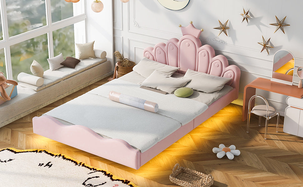 Full Size Crown Shaped Princess Bed, Soft Pu Leather Padding, Adjustable Led Ambient Light Strip, Pink Box Spring Not Required Full Pink Wood Bedroom Upholstered