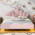 Full Size Crown Shaped Princess Bed, Soft Pu Leather Padding, Adjustable Led Ambient Light Strip, Pink Box Spring Not Required Full Pink Wood Bedroom Upholstered