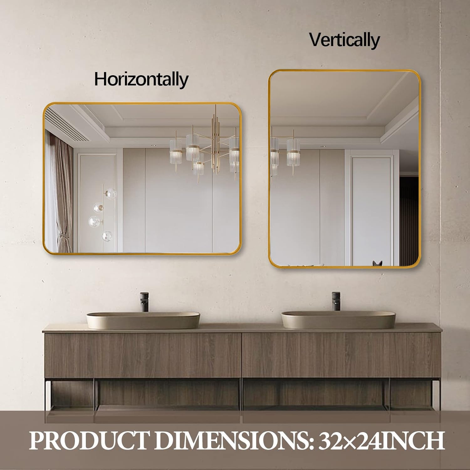 Gold 24X36 Inch Metal Rectangle Barhroom Mirror Gold Classic Mdf Glass Aluminium