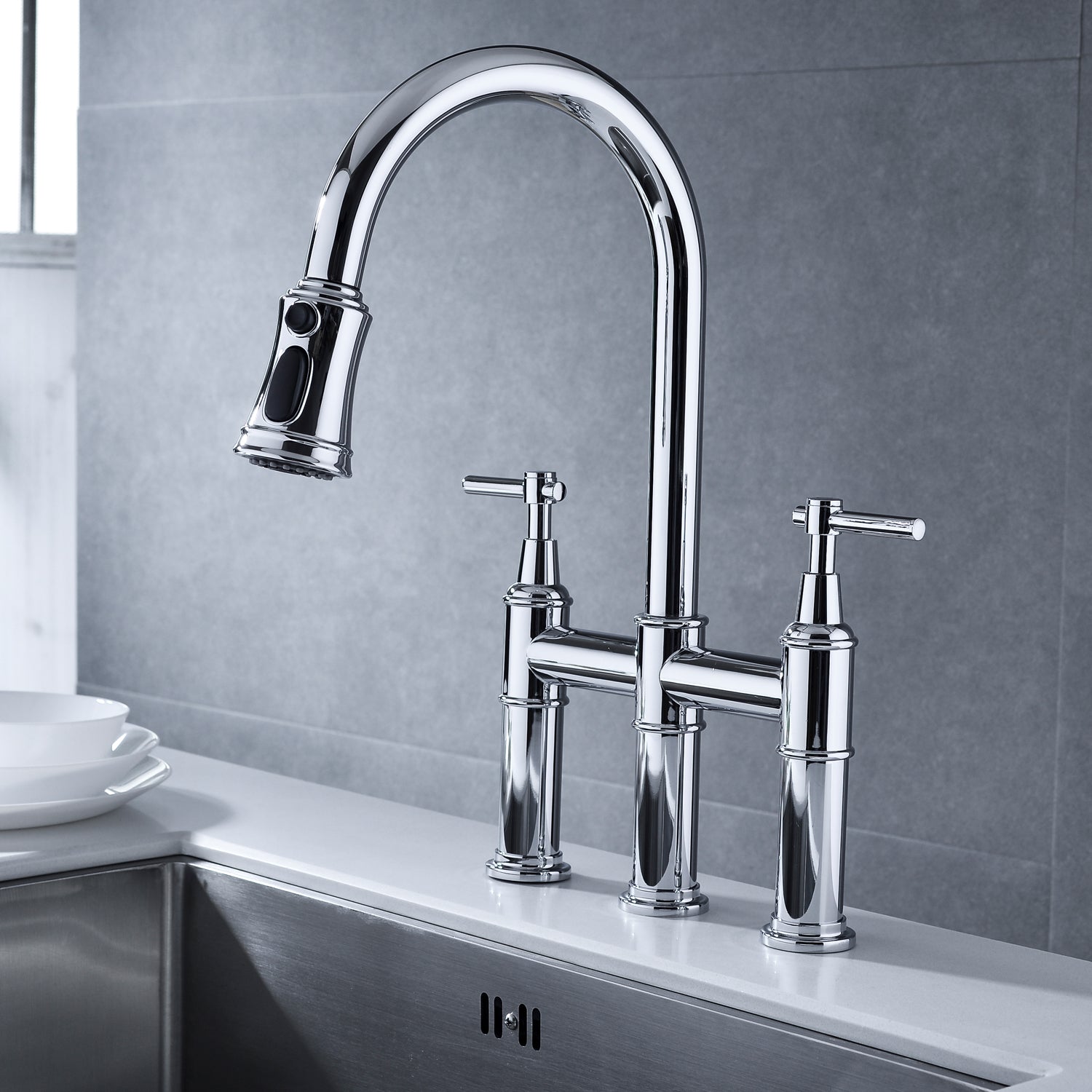 Bridge Kitchen Faucet With Pull Down Sprayhead In Spot Chrome Kitchen Brass