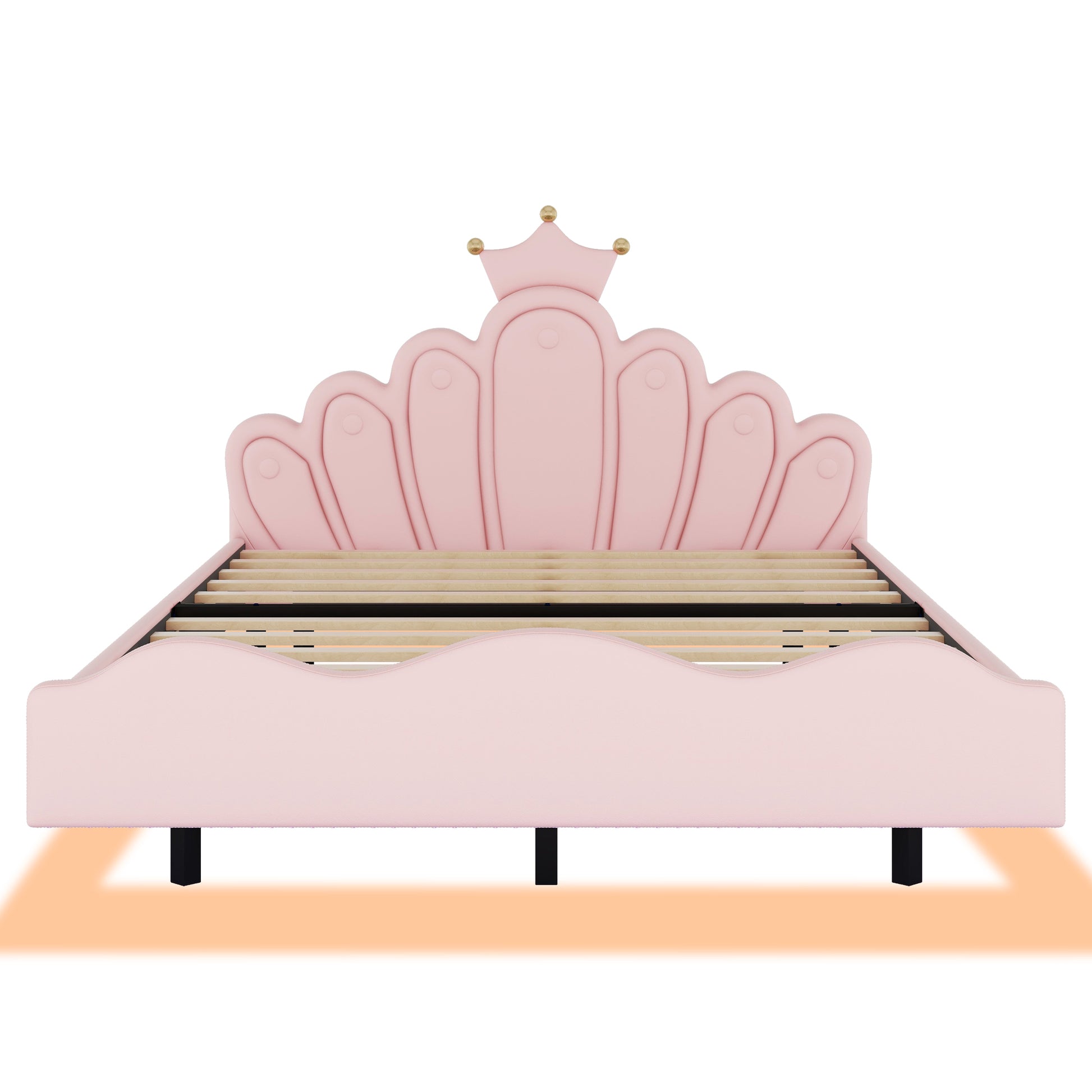 Full Size Crown Shaped Princess Bed, Soft Pu Leather Padding, Adjustable Led Ambient Light Strip, Pink Box Spring Not Required Full Pink Wood Bedroom Upholstered