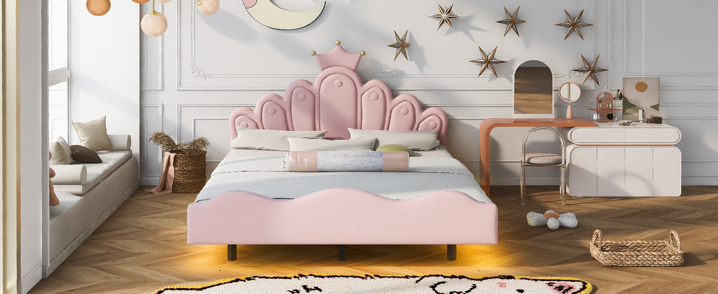 Full Size Crown Shaped Princess Bed, Soft Pu Leather Padding, Adjustable Led Ambient Light Strip, Pink Box Spring Not Required Full Pink Wood Bedroom Upholstered