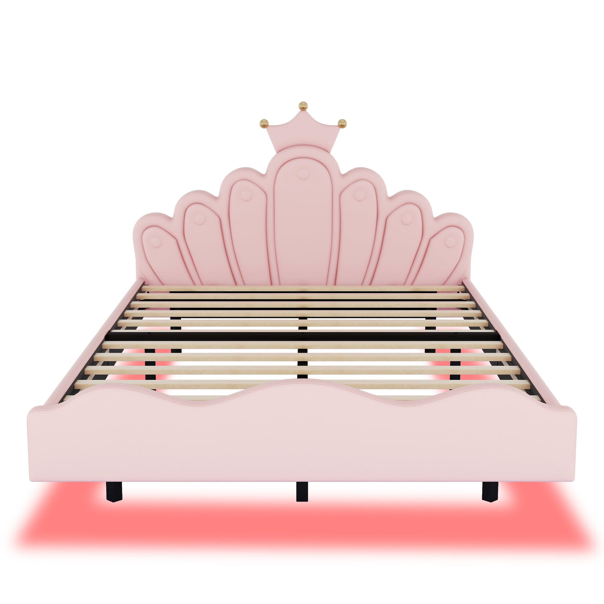 Full Size Crown Shaped Princess Bed, Soft Pu Leather Padding, Adjustable Led Ambient Light Strip, Pink Box Spring Not Required Full Pink Wood Bedroom Upholstered