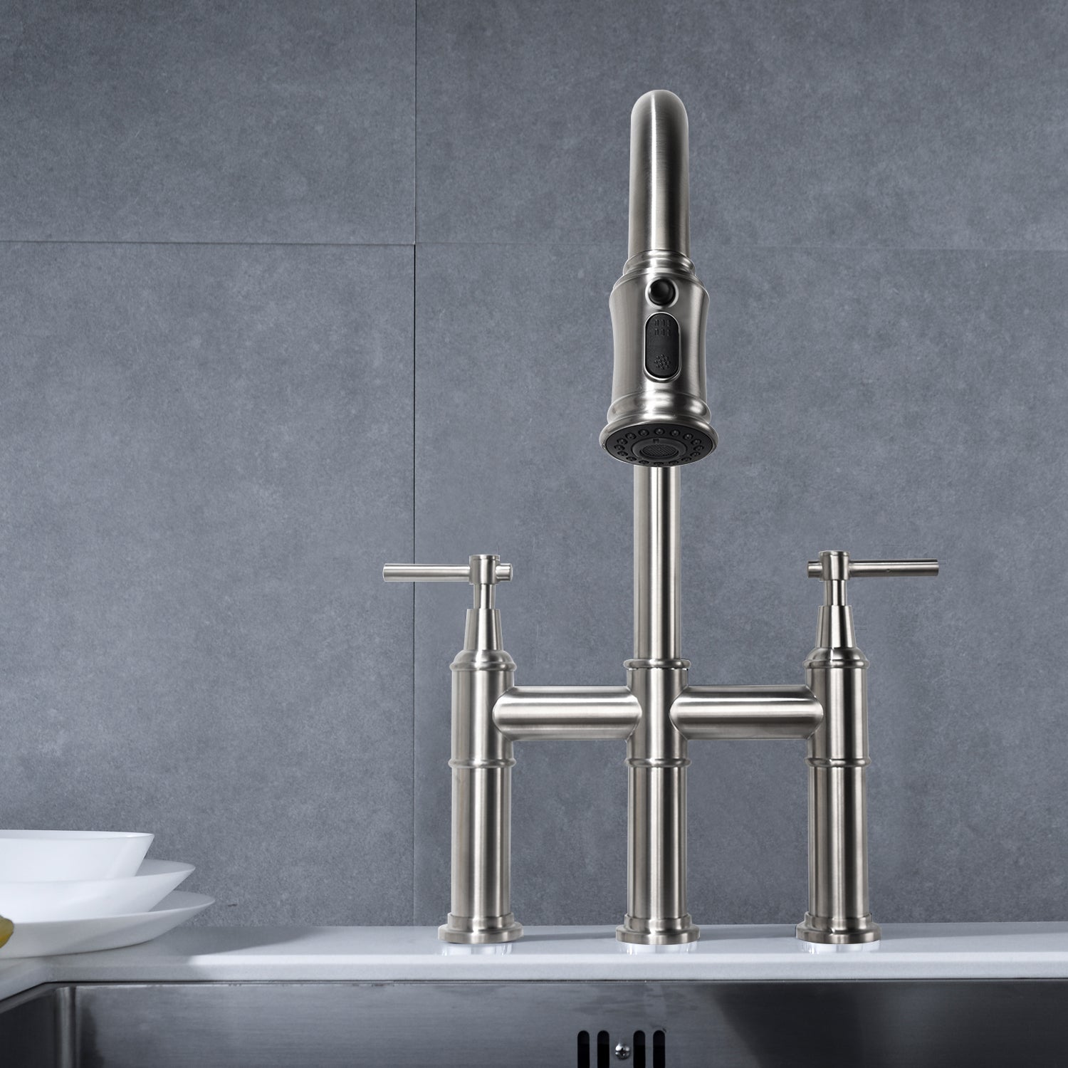 Bridge Kitchen Faucet With Pull Down Sprayhead In Spot Brushed Nickel Kitchen Brass