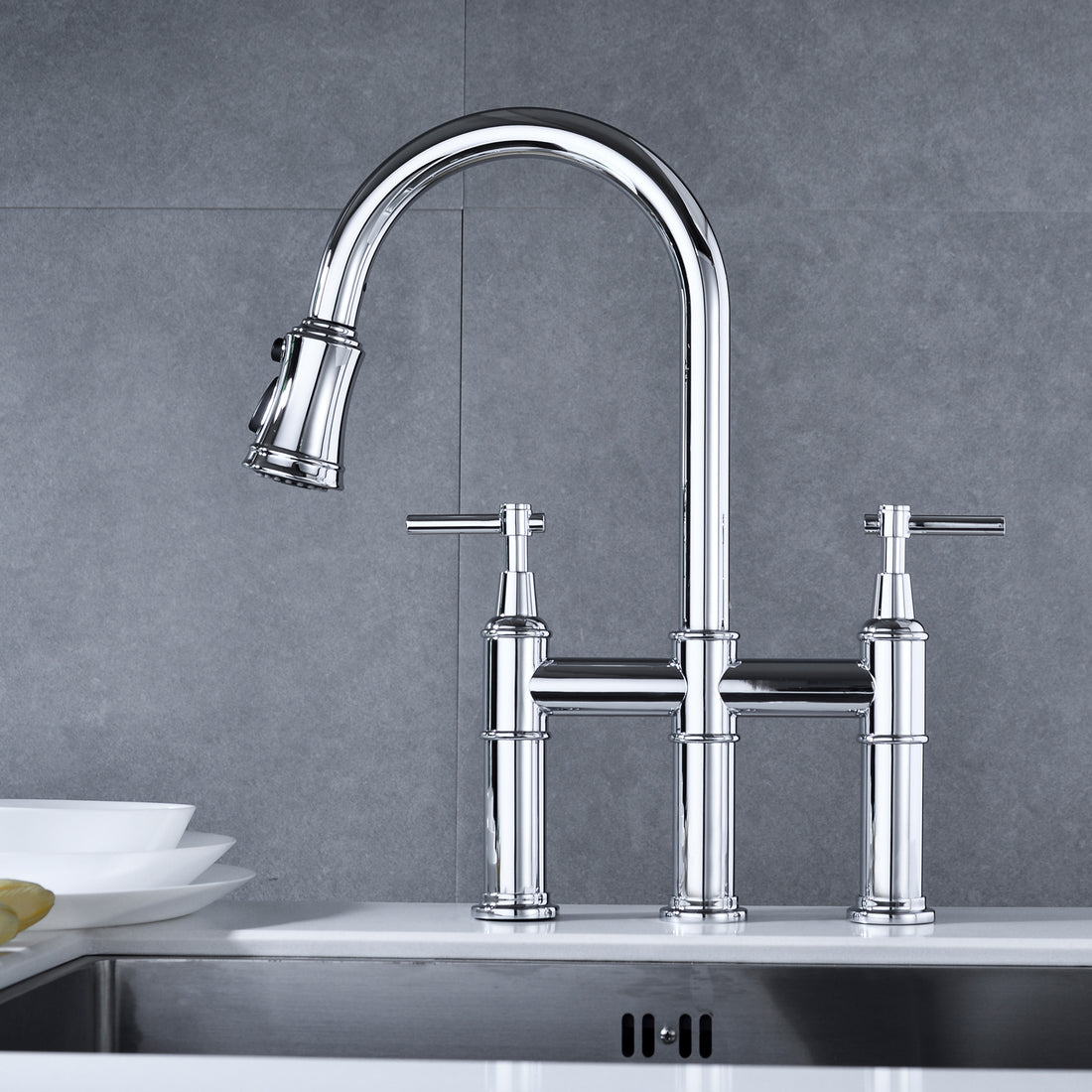 Bridge Kitchen Faucet With Pull Down Sprayhead In Spot Chrome Kitchen Brass