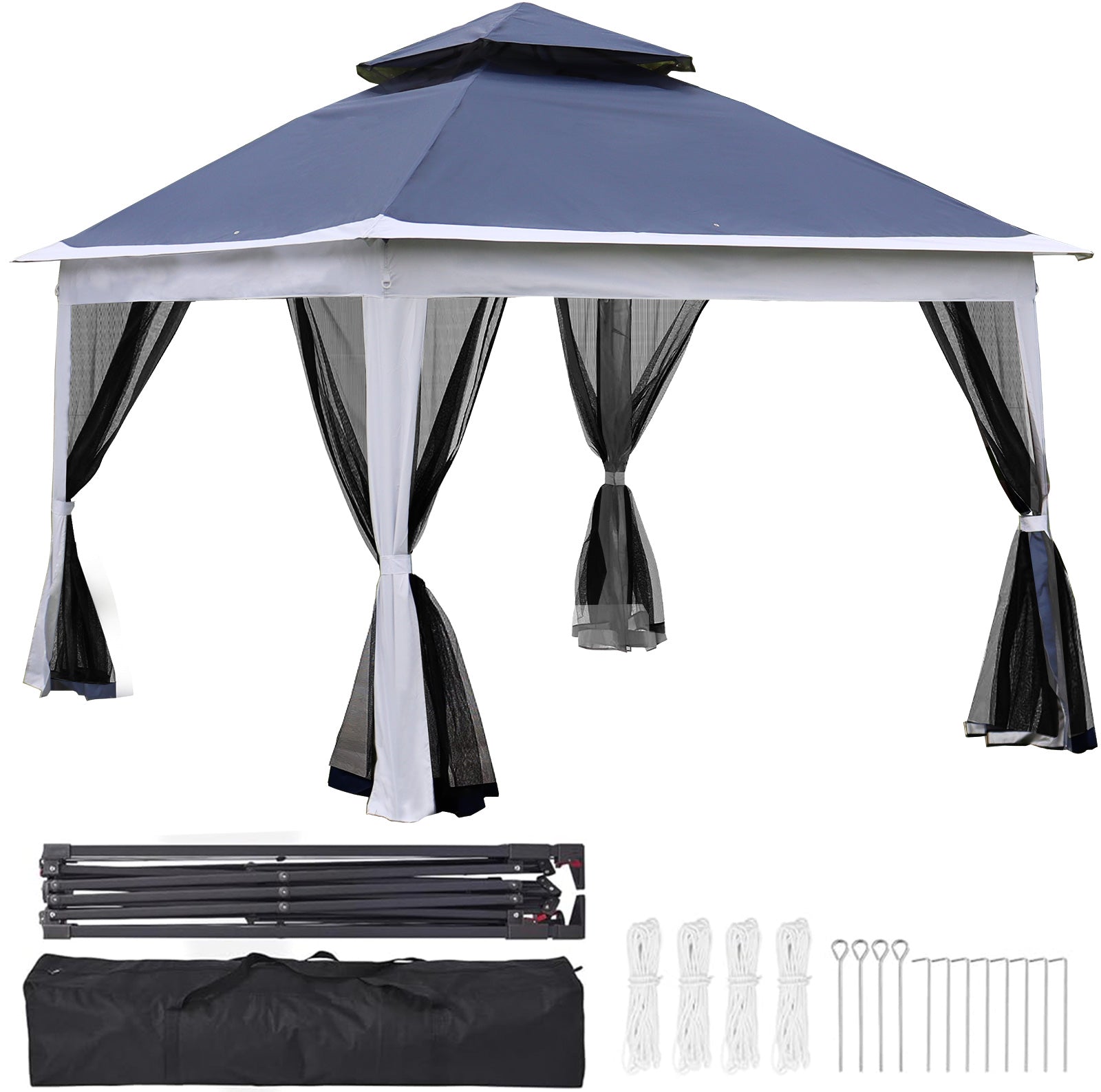 Outdoor 11X 11Ft Pop Up Gazebo Canopy With Removable Zipper Netting,2 Tier Soft Top Event Tent,Suitable For Patio Backyard Garden Camping Area,Blue Blue Metal