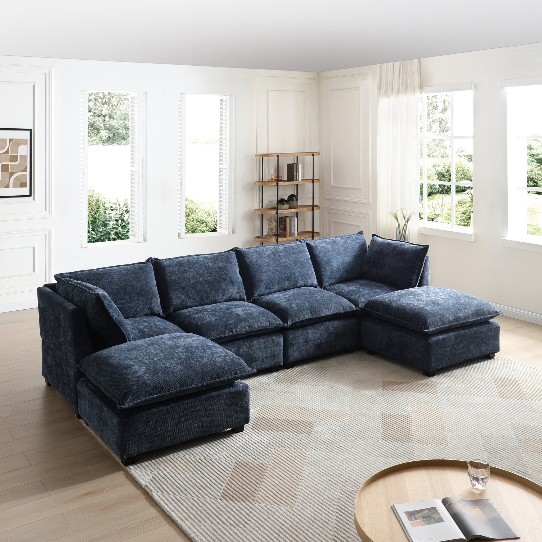 130" Inch Modular Sectional Sofa, Linen Fabric Couch Set With Convertible Ottoman,U Shaped Sofa,Comfortable,Freely Combinable Sofa For Living Room, Apartment, Office,Blue, 3 Colors Blue Linen 6 Seat