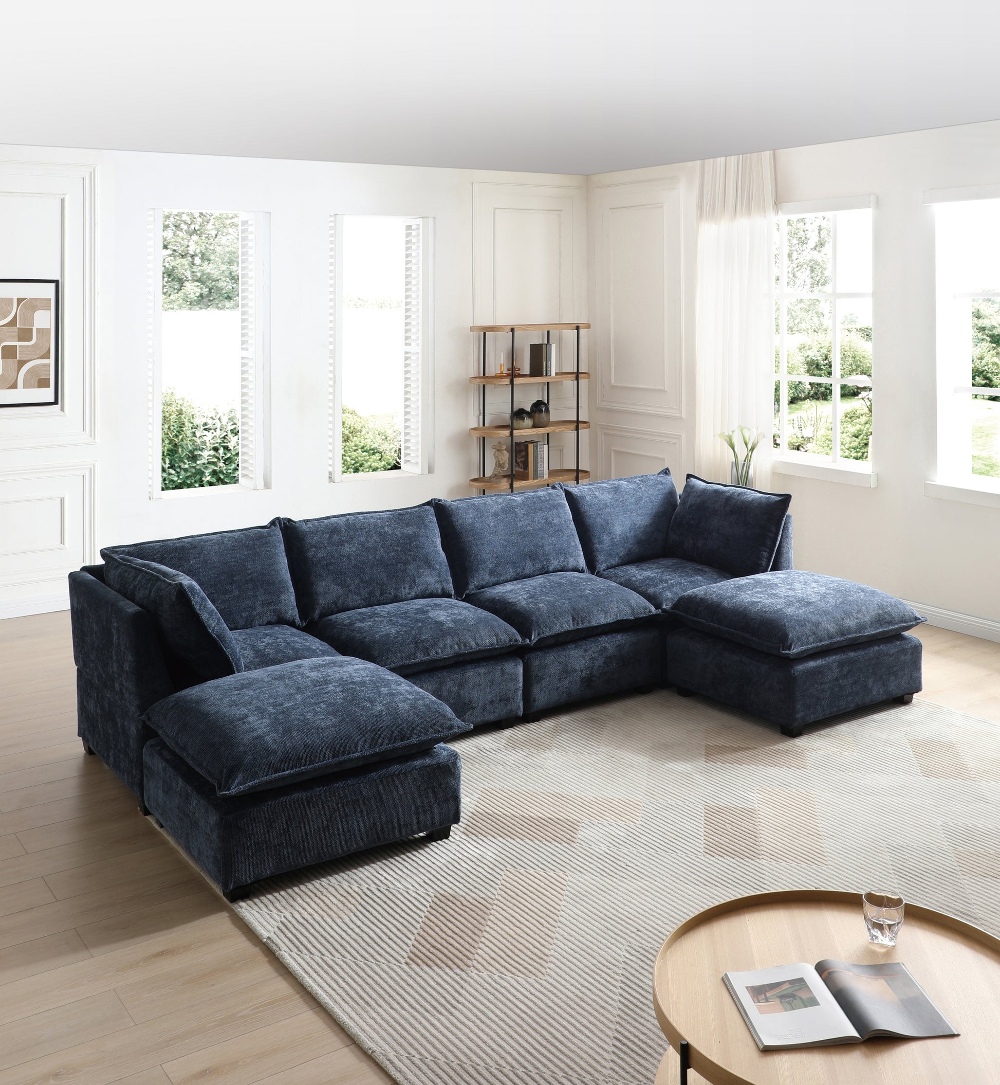 130" Inch Modular Sectional Sofa, Linen Fabric Couch Set With Convertible Ottoman,U Shaped Sofa,Comfortable,Freely Combinable Sofa For Living Room, Apartment, Office,Blue, 3 Colors Blue Linen 6 Seat