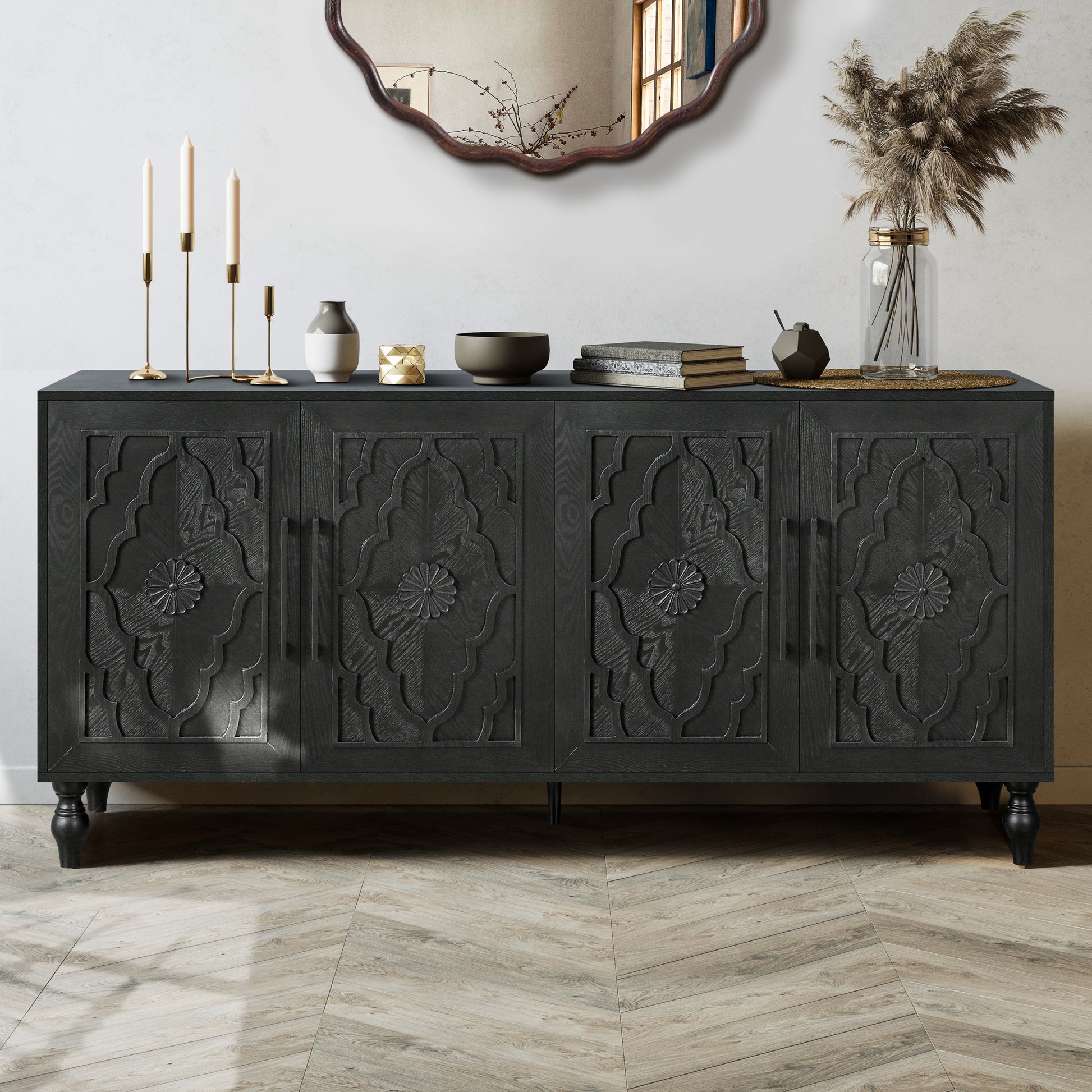 Carved Flower Door Large Storage Cabinet With Metal Handle Suitable For Living Room, Kitchen, Entryway Black Black Primary Living Space Mdf