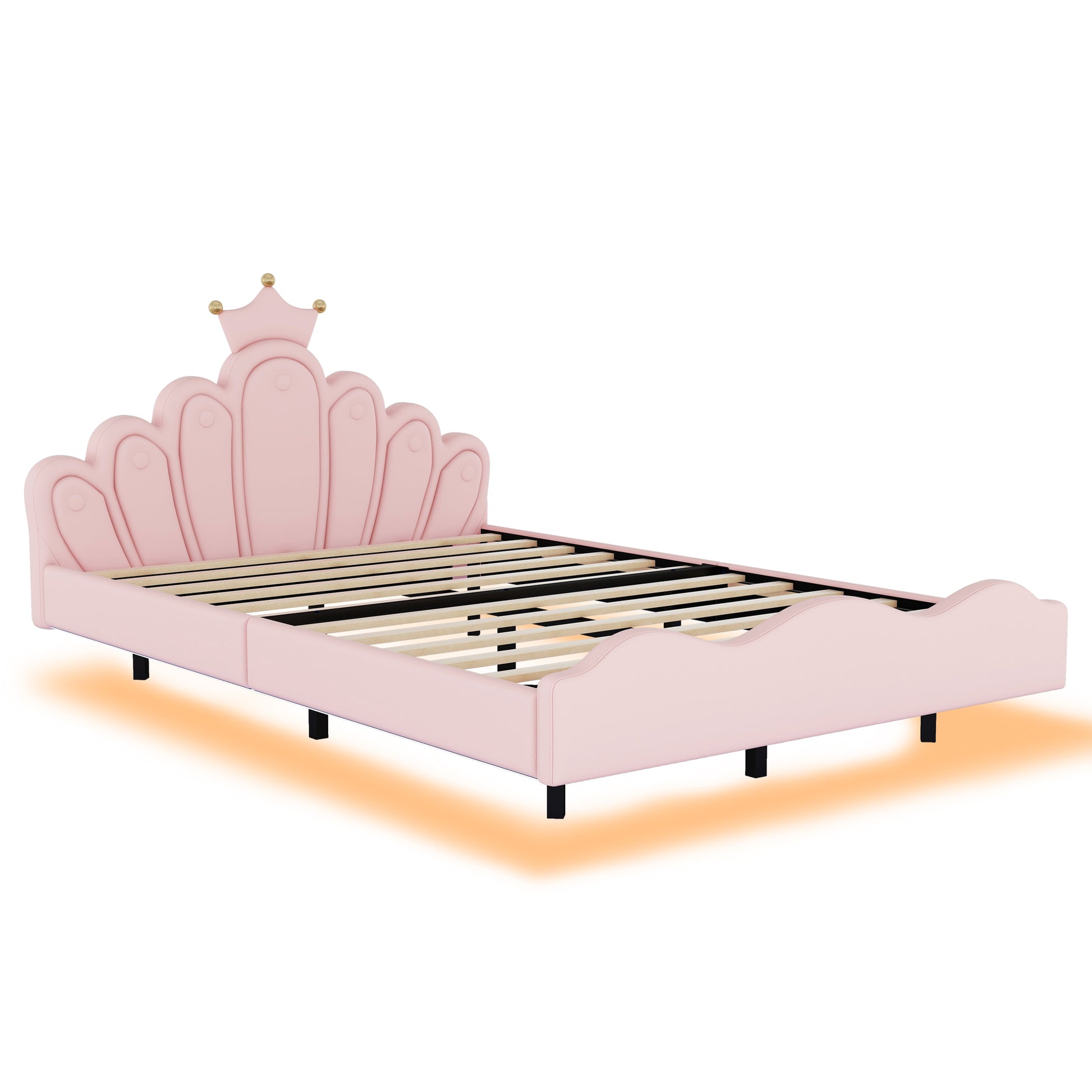 Full Size Crown Shaped Princess Bed, Soft Pu Leather Padding, Adjustable Led Ambient Light Strip, Pink Box Spring Not Required Full Pink Wood Bedroom Upholstered