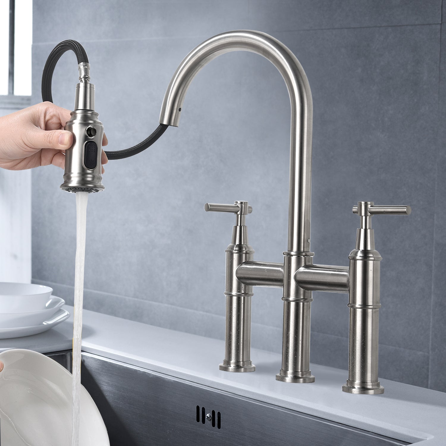 Bridge Kitchen Faucet With Pull Down Sprayhead In Spot Brushed Nickel Kitchen Brass
