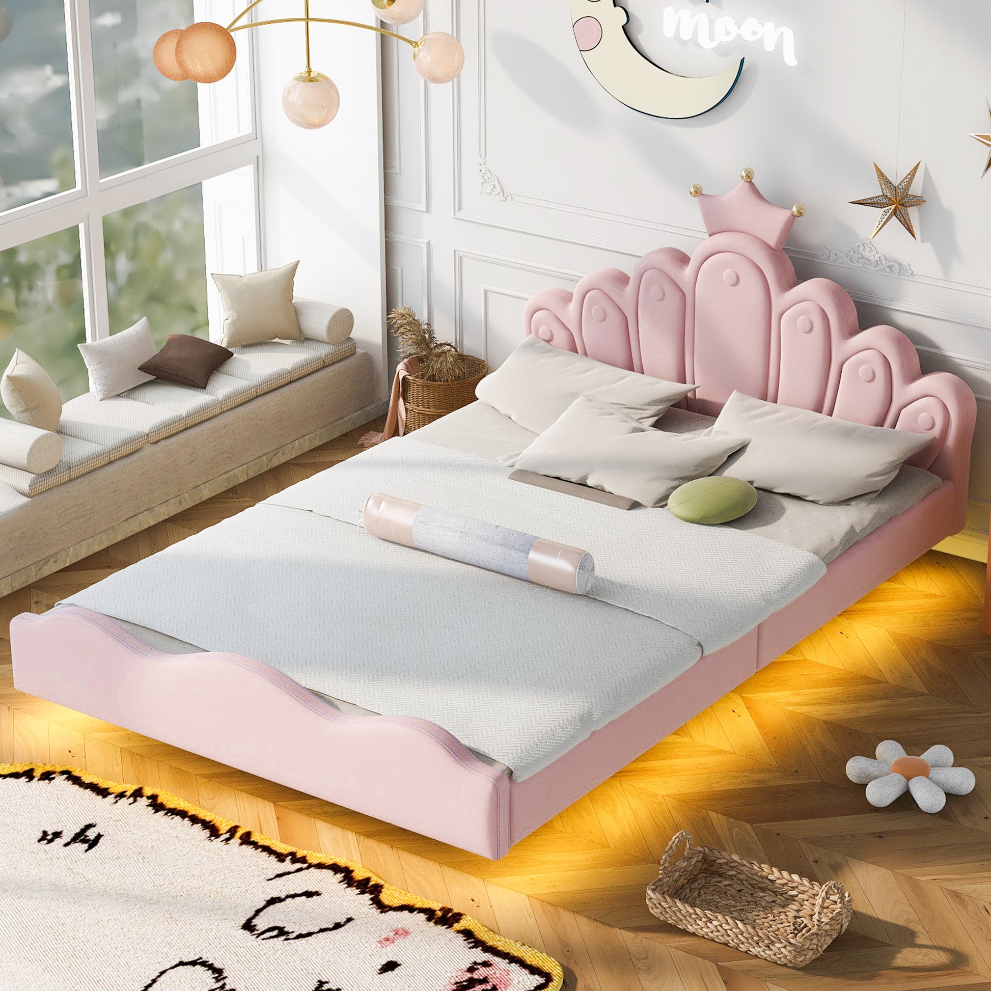 Full Size Crown Shaped Princess Bed, Soft Pu Leather Padding, Adjustable Led Ambient Light Strip, Pink Box Spring Not Required Full Pink Wood Bedroom Upholstered