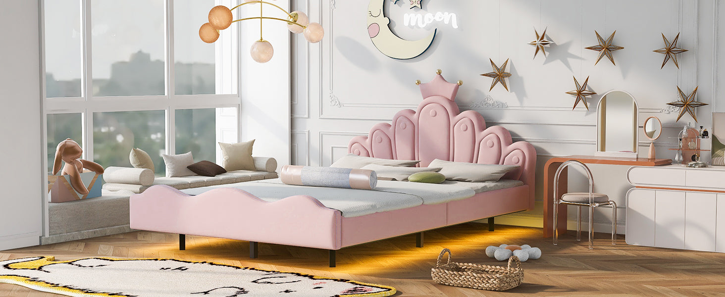 Full Size Crown Shaped Princess Bed, Soft Pu Leather Padding, Adjustable Led Ambient Light Strip, Pink Box Spring Not Required Full Pink Wood Bedroom Upholstered