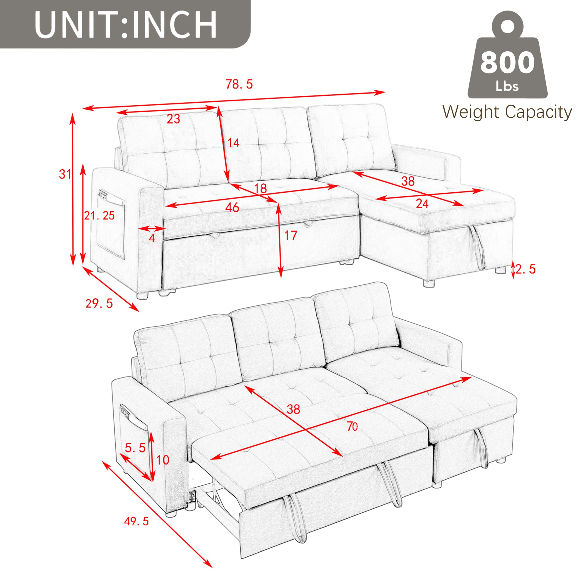 Mh 78.5" Sleeper Sofa Bed Reversible Sectional Couch With Storage Chaise And Side Storage Bag For Small Space Living Room Furniture Set Beige Primary Living Space Eucalyptus Polyester Fabric 3 Seat