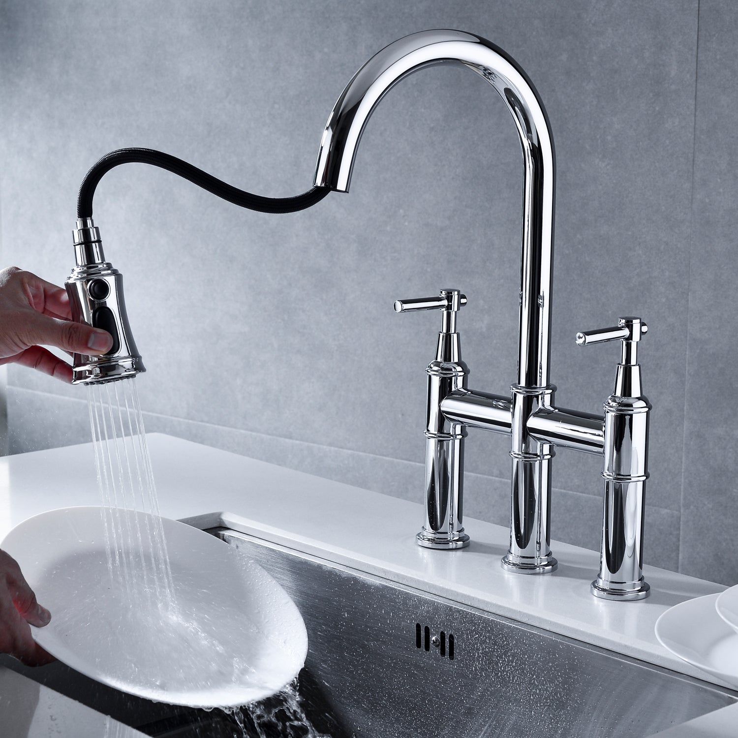 Bridge Kitchen Faucet With Pull Down Sprayhead In Spot Chrome Kitchen Brass
