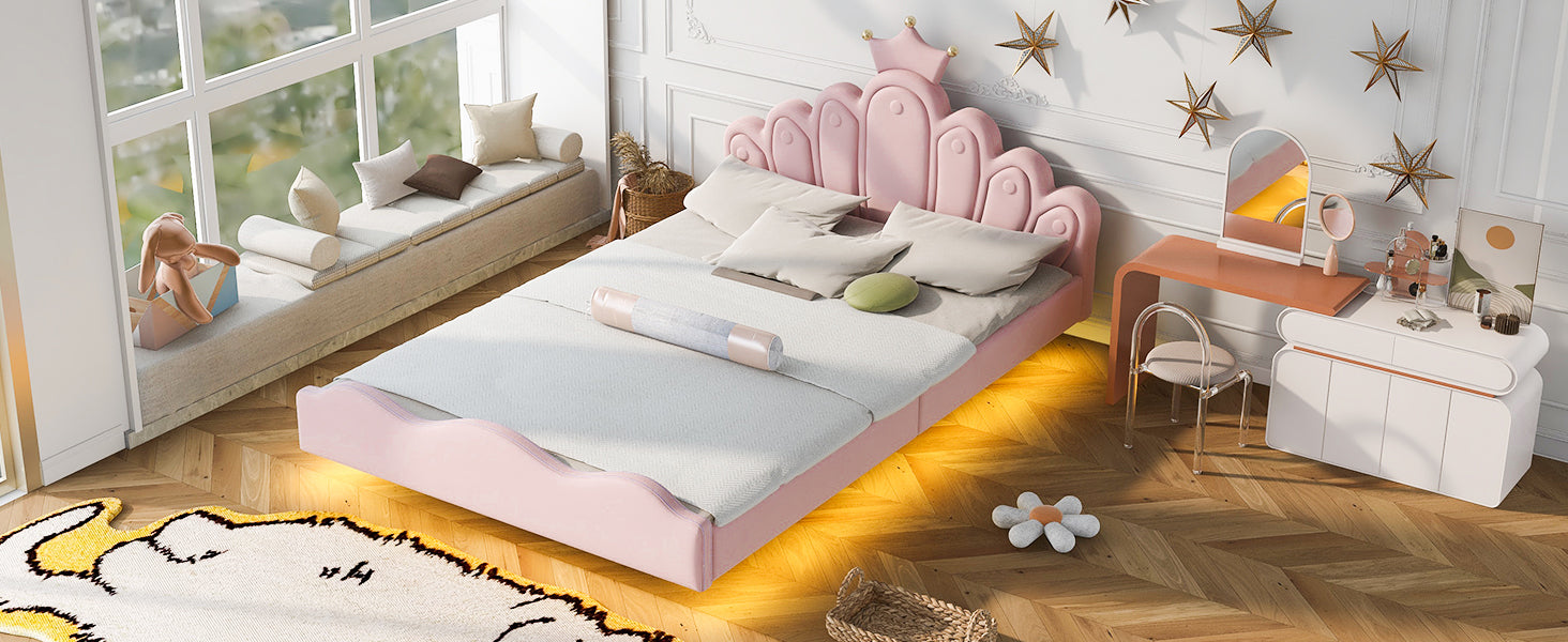 Full Size Crown Shaped Princess Bed, Soft Pu Leather Padding, Adjustable Led Ambient Light Strip, Pink Box Spring Not Required Full Pink Wood Bedroom Upholstered