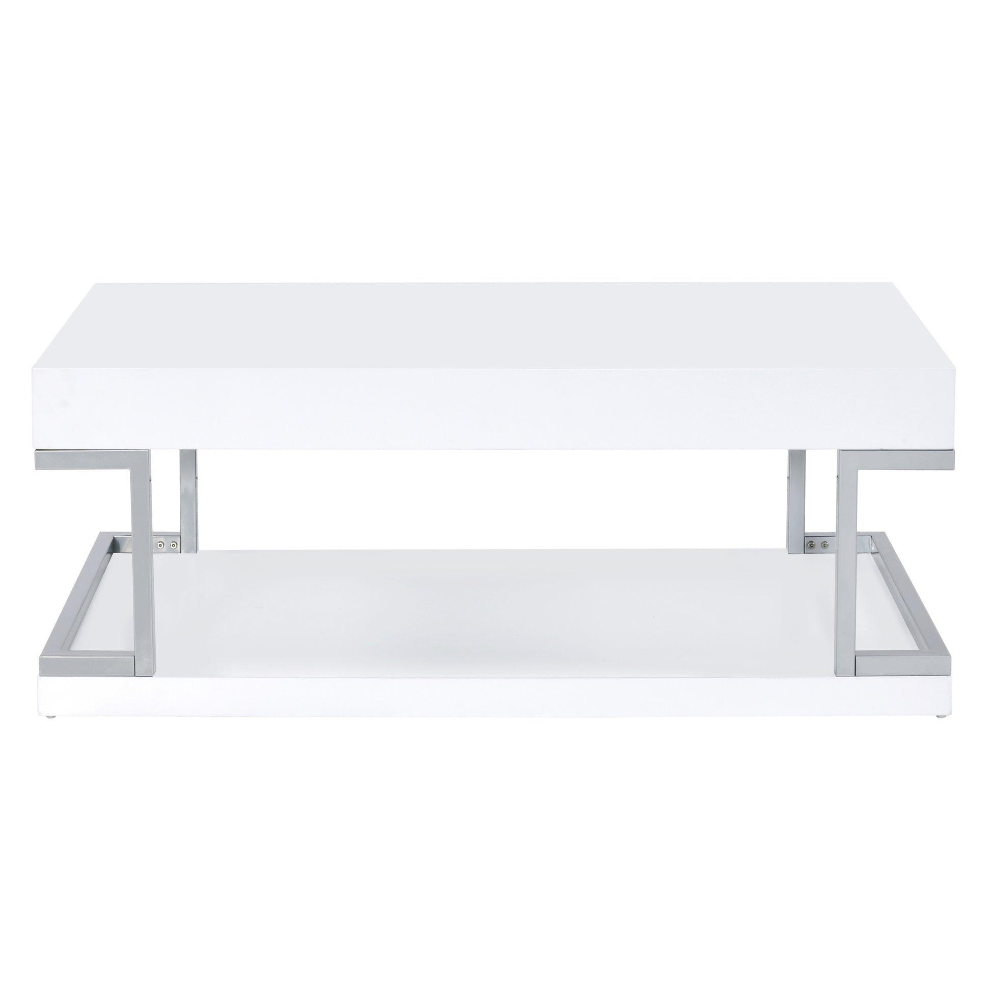 White High Gloss And Chrome Coffee Table With Bottom Shelf White Silver Primary Living Space Modern Shelves Rectangular Wood Metal Sled