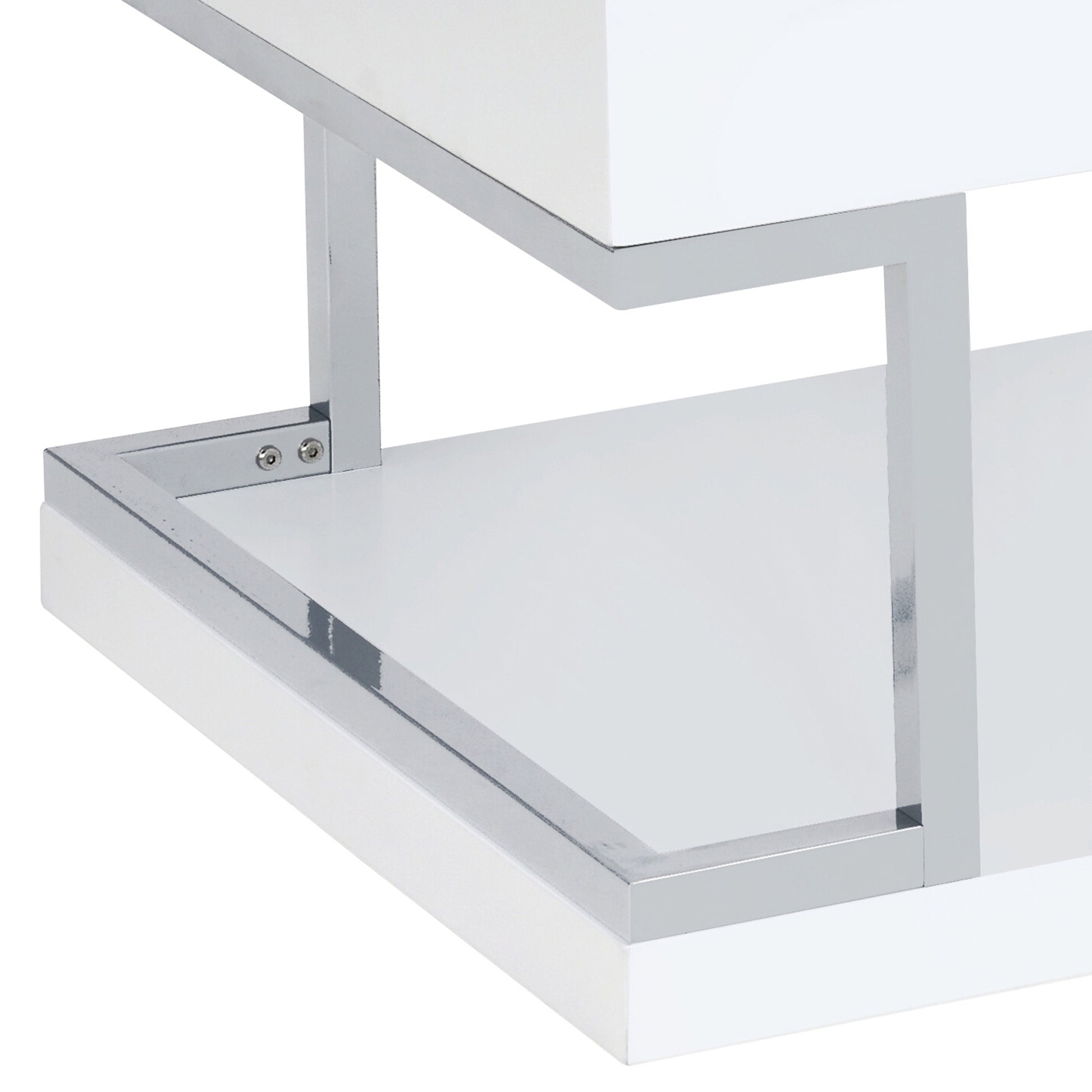 White High Gloss And Chrome Coffee Table With Bottom Shelf White Silver Primary Living Space Modern Shelves Rectangular Wood Metal Sled