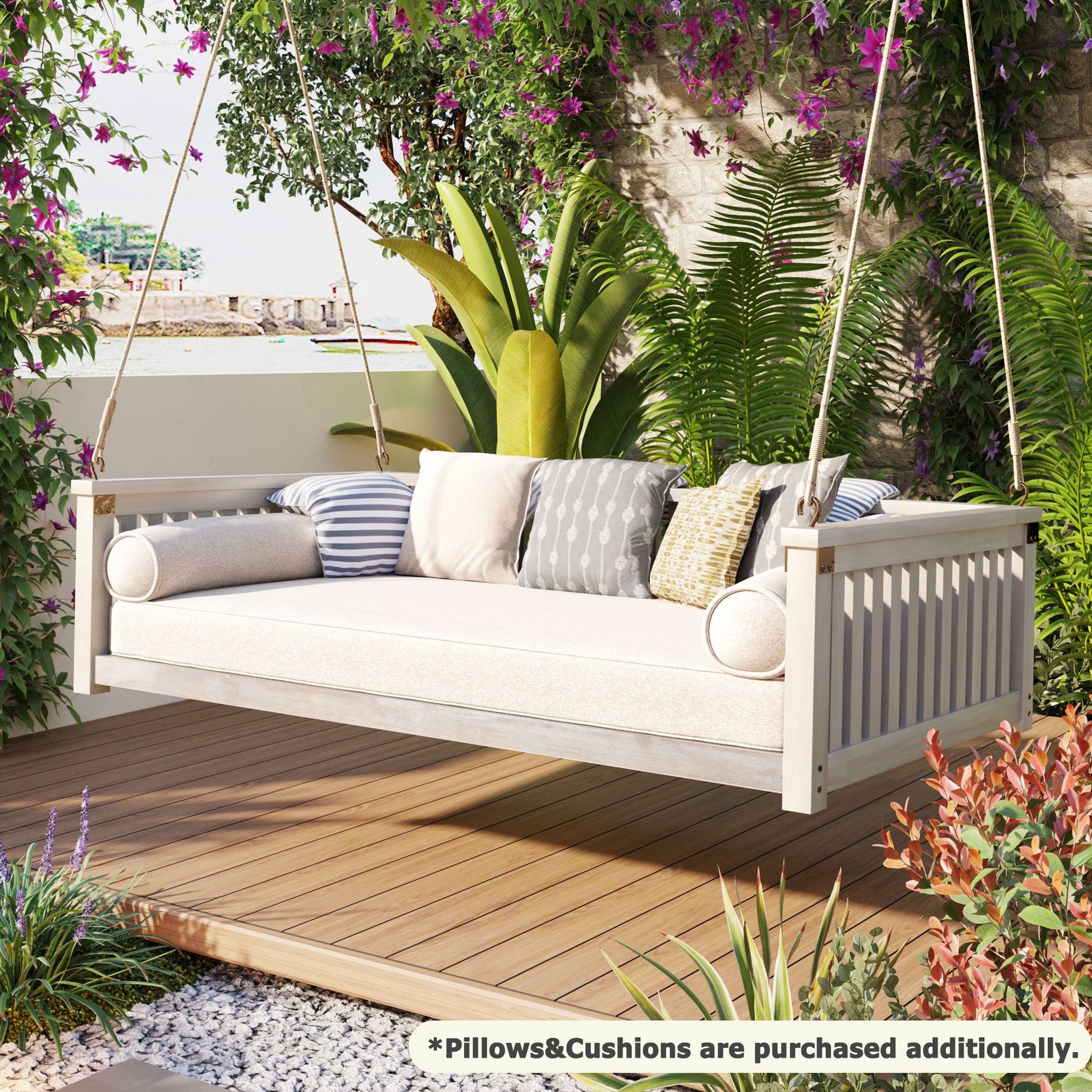 Patio Minimalist Twin Size Garden Swing Bed Wood Porch Swing With Ropes For Backyard, Safe Sloped Design, White White Weather Resistant Frame Garden & Outdoor Minimalist 2 Person Seating Group