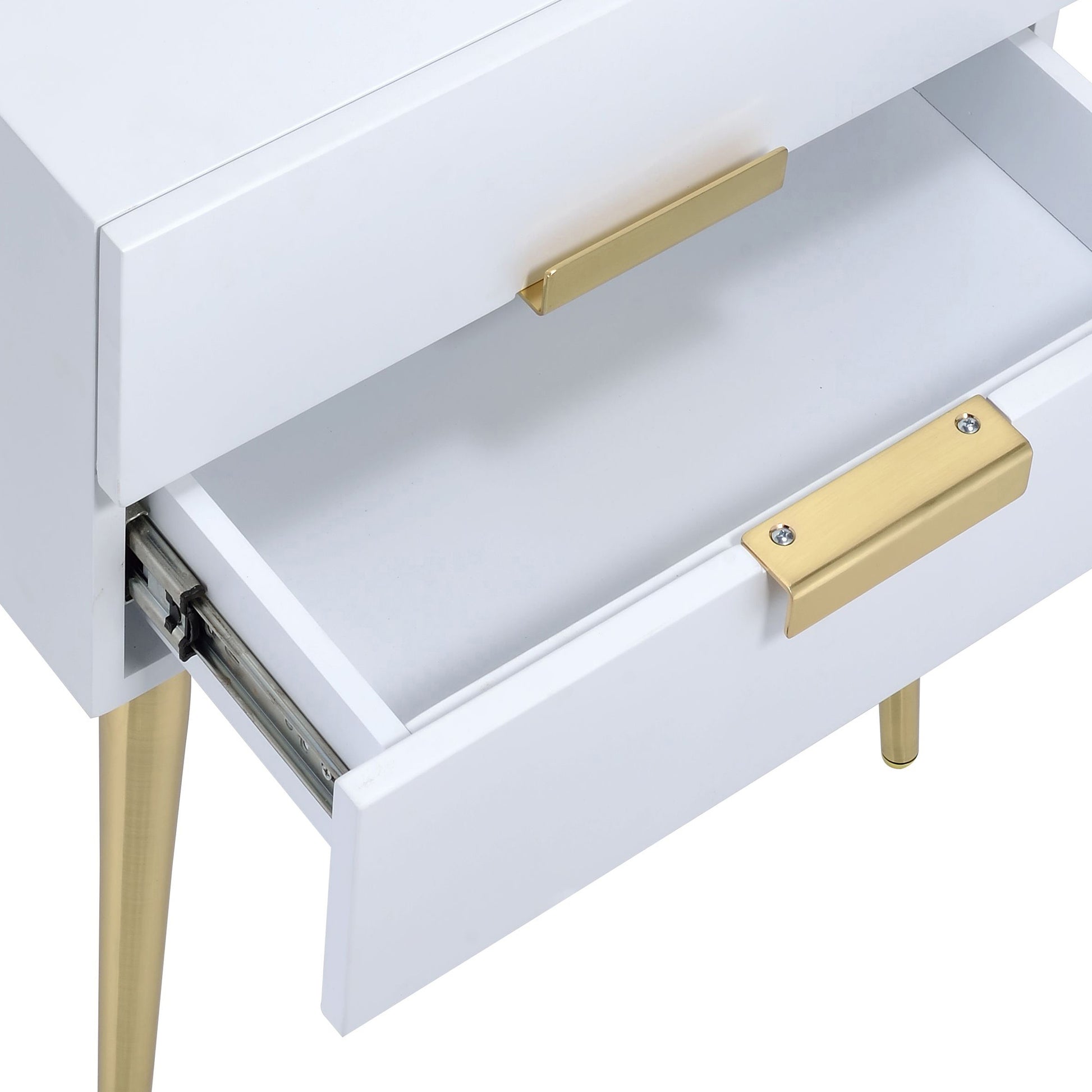 White And Gold Side Table With 2 Drawer White Gold White Primary Living Space Mid Century Modern Drawers Square Wood Metal