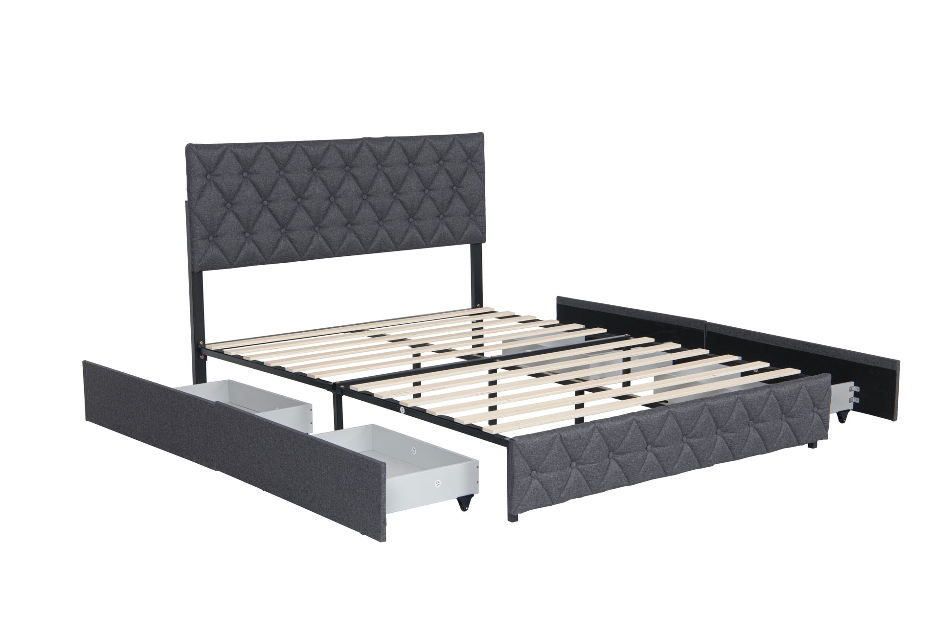 Full Size Upholstered Platform Bed Frame With 4 Storage Drawers, Adjustable Linen Headboard, Wooden Slats Support, No Box Spring Needed, Easy Assembly,Grey Box Spring Not Required Full Grey Wood Bedroom American Design Bed Frame Linen Linen