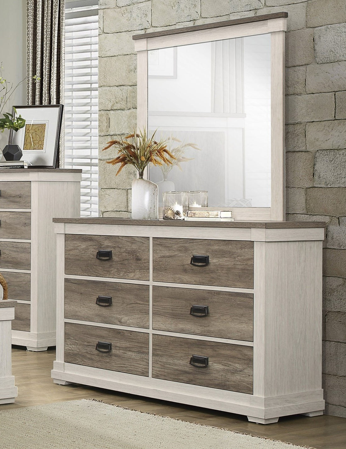 Beautiful White And Weathered Gray Transitional Style 1Pc Dresser Of 6 Drawers Antique Handles Bedroom Furniture Wooden White Gray Bedroom Transitional Wood