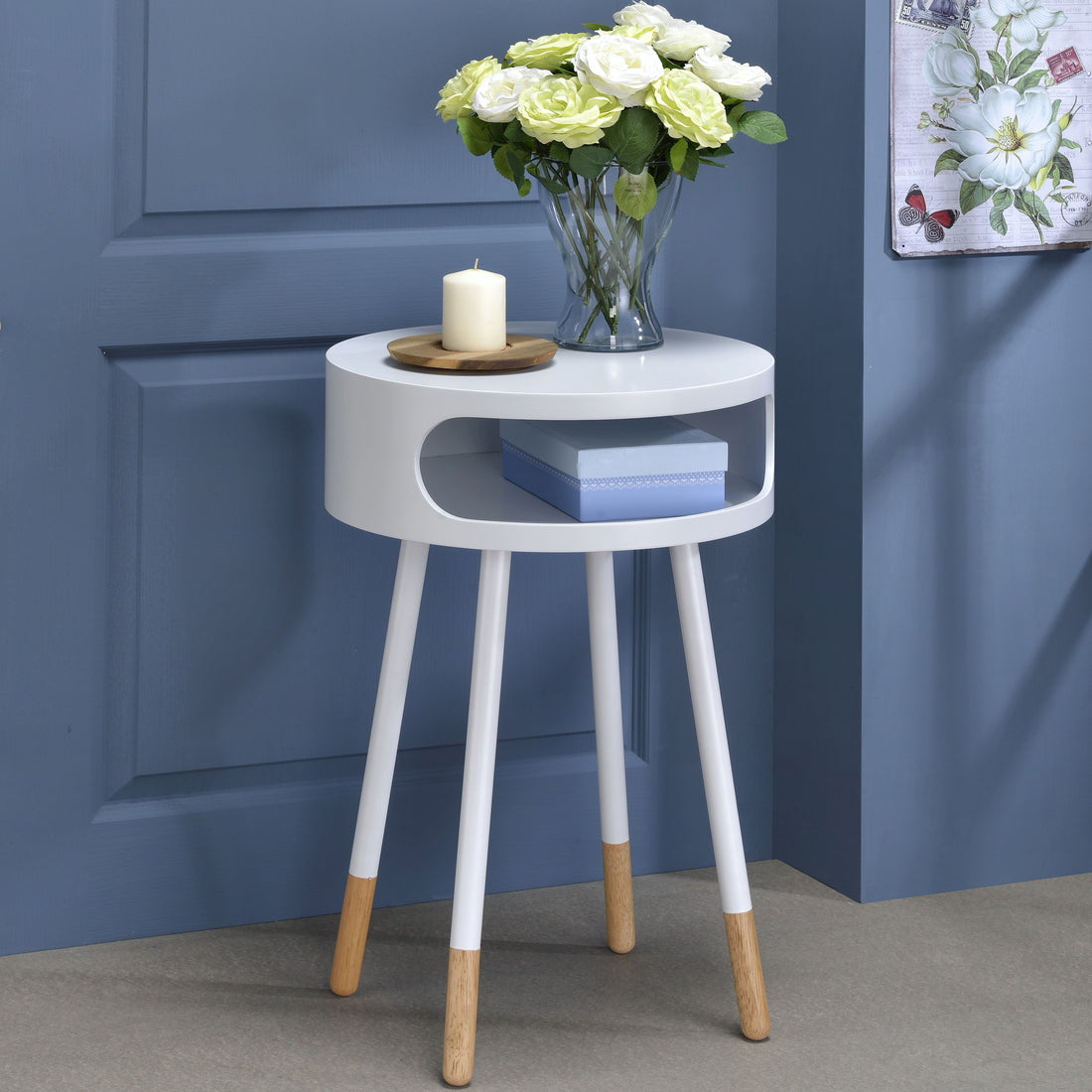 White And Natural Round 1 Shelf End Table White Primary Living Space Contemporary Shelves Round Wood Metal