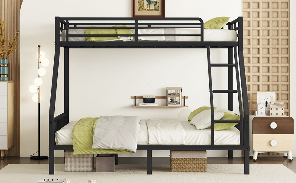 Twin Xl Over Queen Metal Bunk Bed With Ladder And Slats Support For Adults Teens, Black Box Spring Not Required Twin Xl Black Bunk Steel