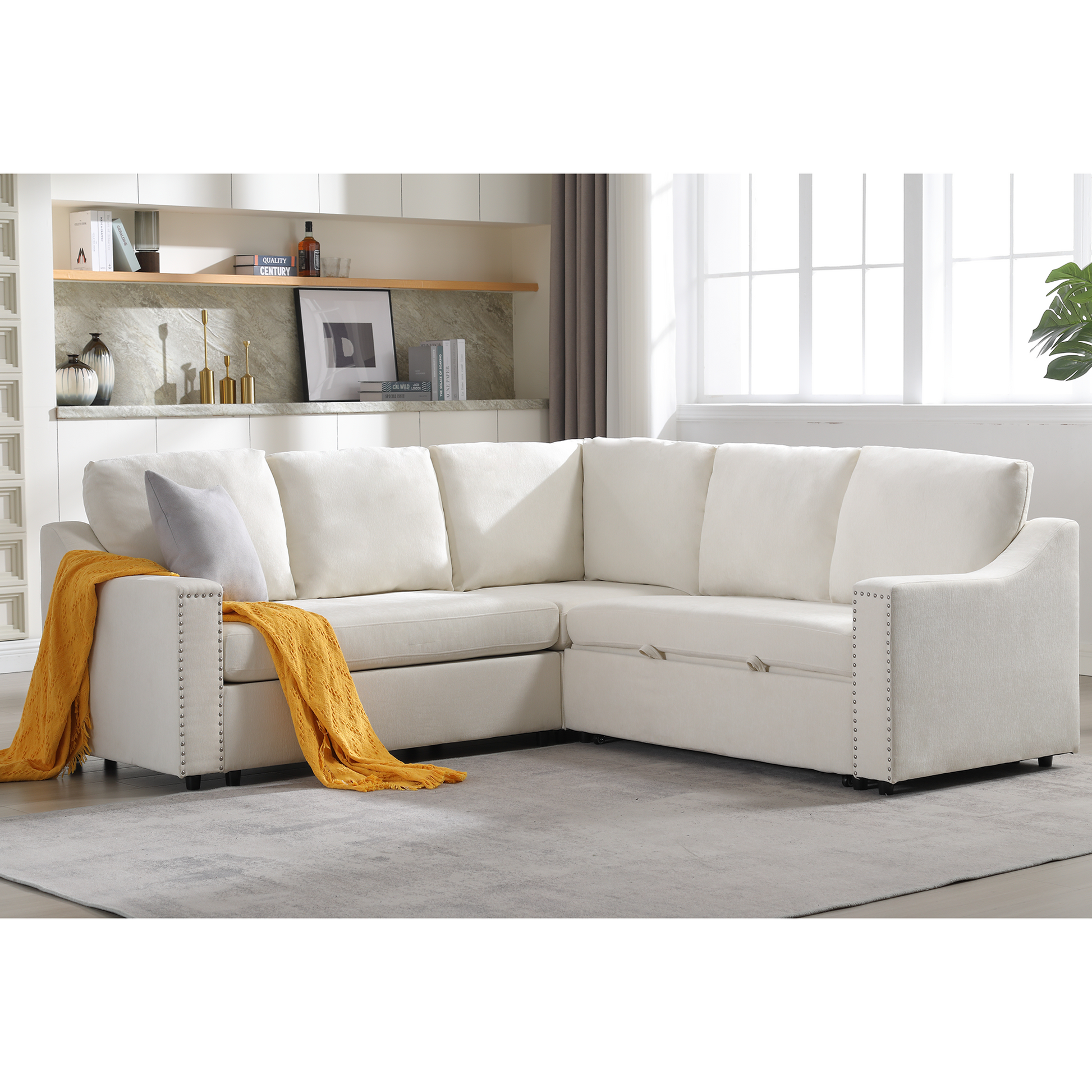 Arrived L Shaped Sofa With Pull Out Sofa Bed, Corner Sofa,Comfortable Living Room Furniture Set, Sleeper Sofa Bed,Corner Seat For Two With Broaching Sofa,Rivet Dechenille,Beige Beige Polyester Wood Primary Living Space Modern Polyester 5 Seat