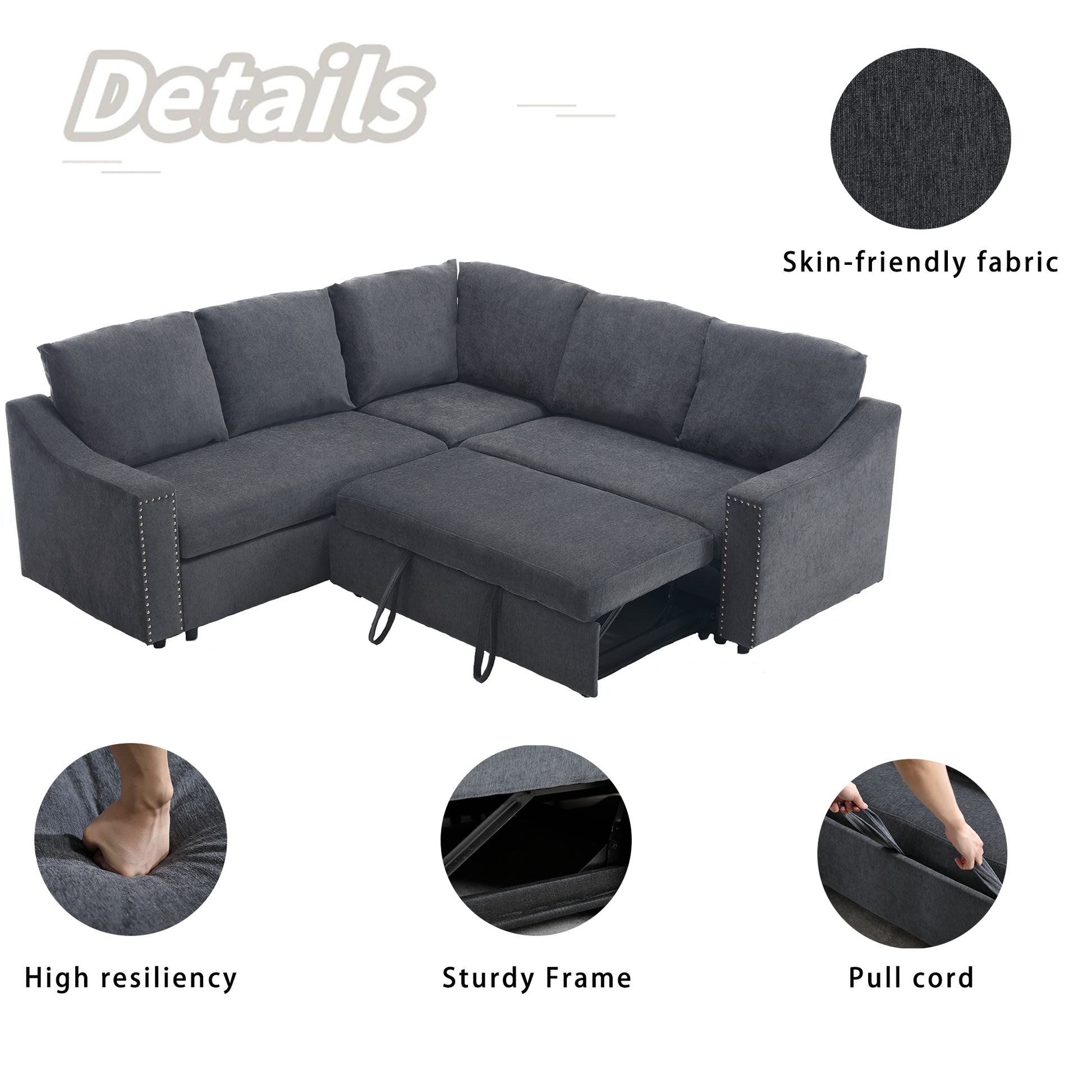 Arrived L Shaped Sofa With Pull Out Sofa Bed, Corner Sofa,Comfortable Living Room Furniture Set, Sleeper Sofa Bed,Corner Seat For Two With Broaching Sofa,Rivet Dechenille,Gray Gray Polyester Wood Primary Living Space Modern Polyester 5 Seat