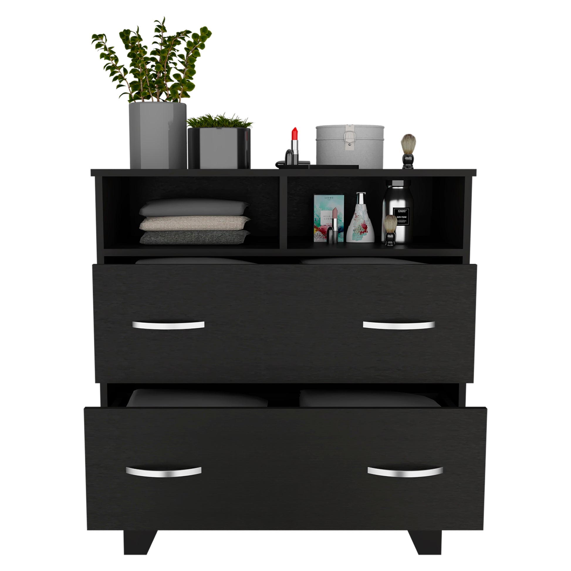 Portanova Two Drawer Dresser, Two Open Shelves, Superior Top, Four Legs Black Black Bedroom Modern Particle Board Particle Board