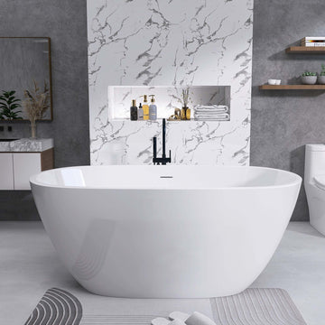 65" Acrylic Free Standing Tub Classic Oval Shape Soaking Tub, Adjustable Freestanding Bathtub With Integrated Slotted Overflow And Chrome Pop Up Drain Anti Clogging Gloss White Gloss White Oval Bathroom Freestanding Tubs Polished 61 69 In Modern Soaking