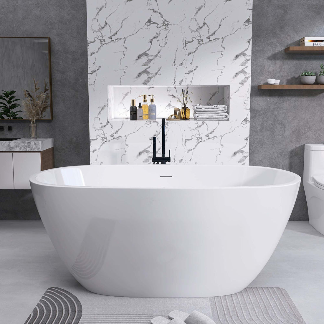 55" Acrylic Free Standing Tub Classic Oval Shape Soaking Tub, Adjustable Freestanding Bathtub With Integrated Slotted Overflow And Chrome Pop Up Drain Anti Clogging Gloss White Gloss White Oval Bathroom Freestanding Tubs Polished Less Than 59 In Modern